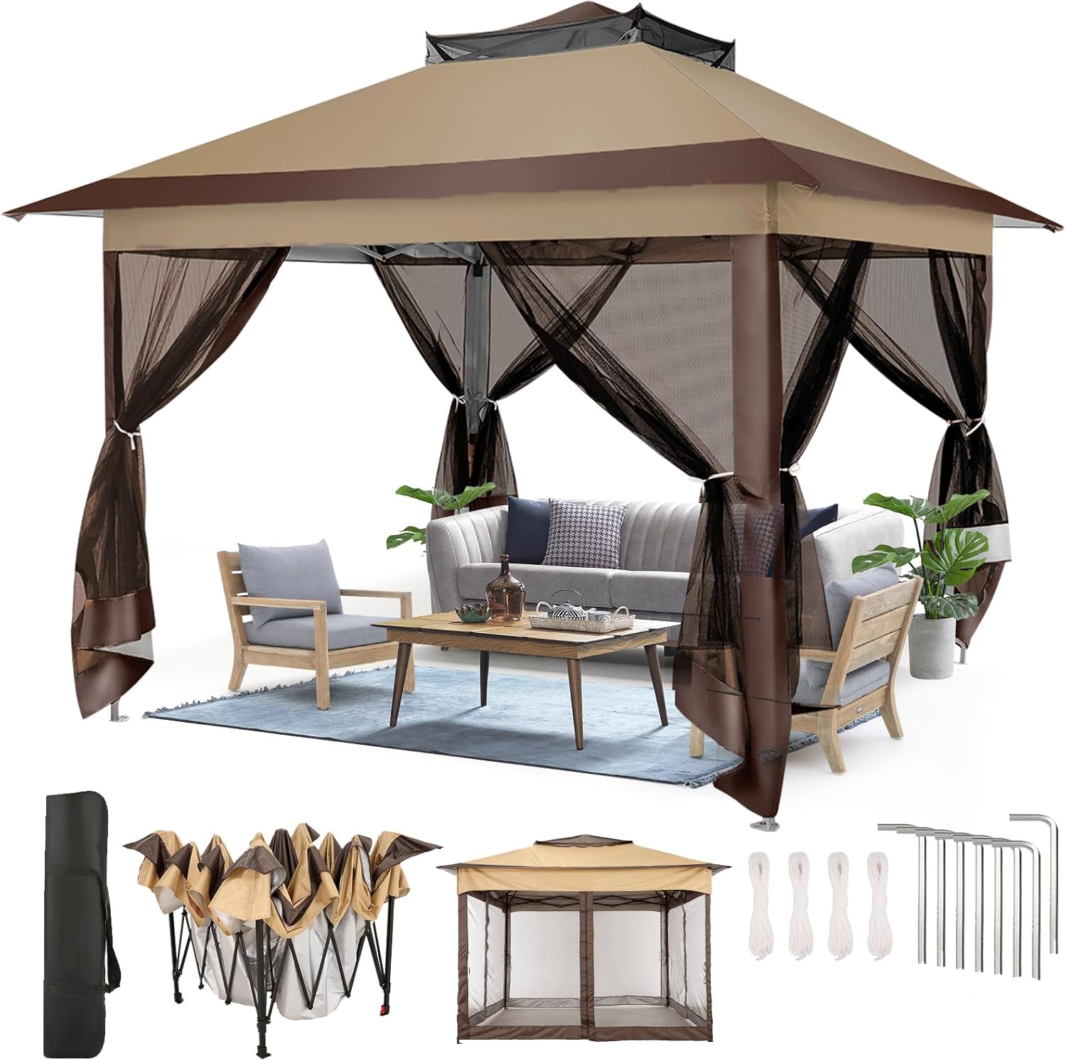 10x10 Pop Up Gazebos on Clearance 11x11 Canopy Tent Easy Up Outdoor Gazebo Waterproof Portable Gazebo with Mosquito Nettings, Double Vented Roof and Carry Bag for Patio Garden Lawn(Coffee)