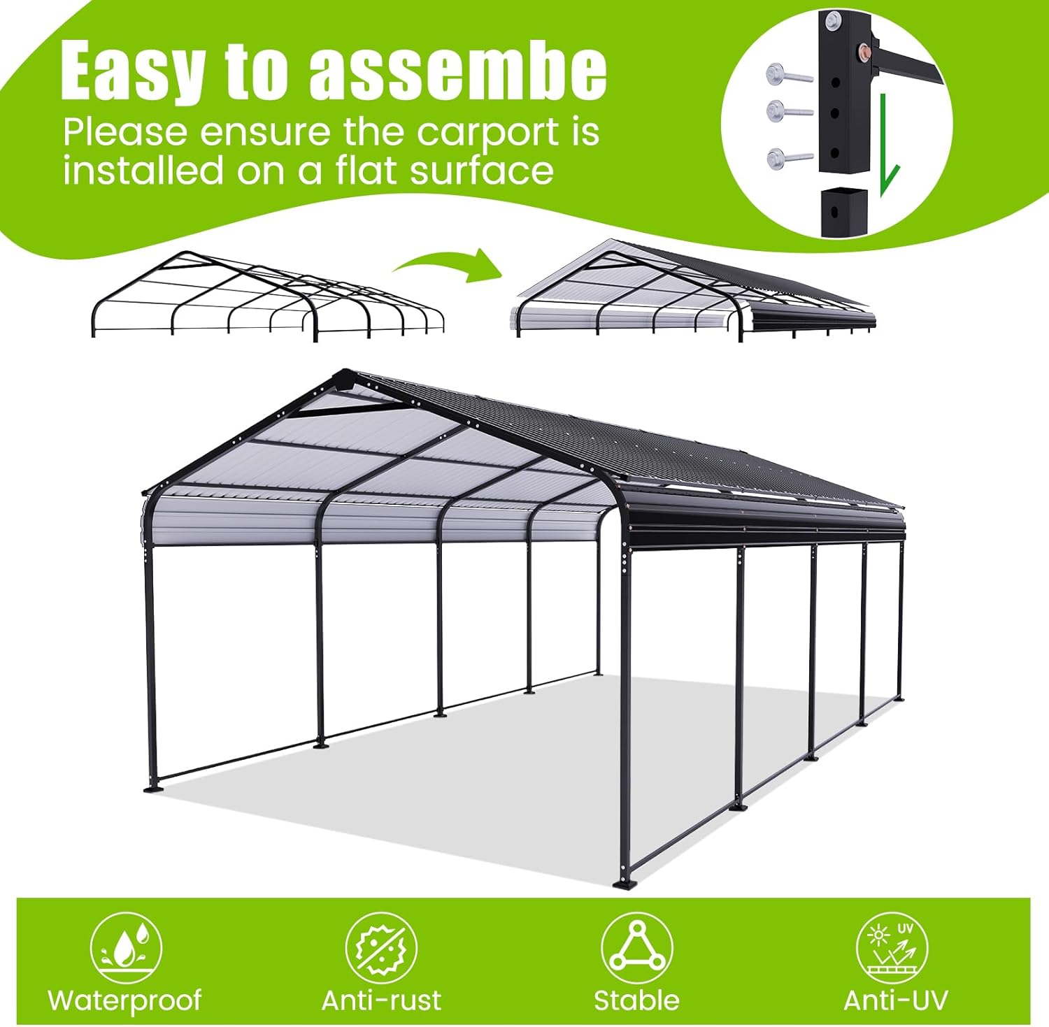 12x20 Metal Carport Canopy with Galvanized Frame & Reinforced Base for All Weather, Heavy Duty Car Garage Outdoor Permanent Shelter for Boats, Carport Kits, Full-Sized Pickup Trucks and Cars
