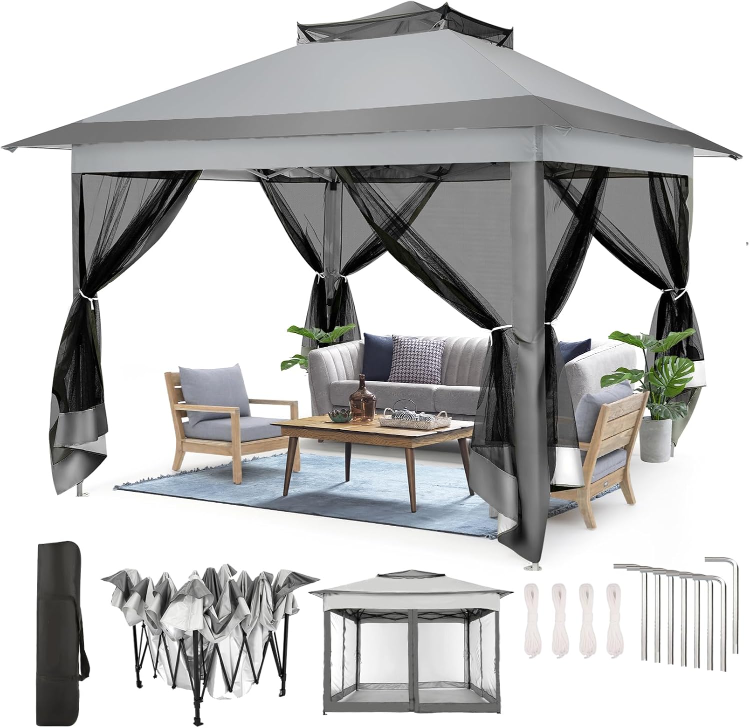 10x10 Pop Up Gazebos on Clearance 11x11 Canopy Tent Easy Up Outdoor Gazebo Waterproof Portable Gazebo with Mosquito Nettings, Double Vented Roof and Carry Bag for Patio Garden Lawn(Gray)