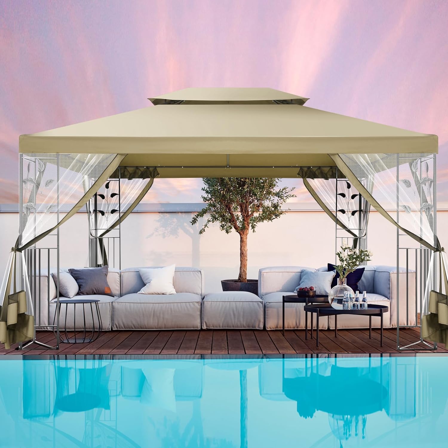 10x13ft Gazebo on Clearance, Outdoor Tent with Mosquito Netting and Ventilated Double Flat Roof, Patio Gazebo with Stable Metal Frame