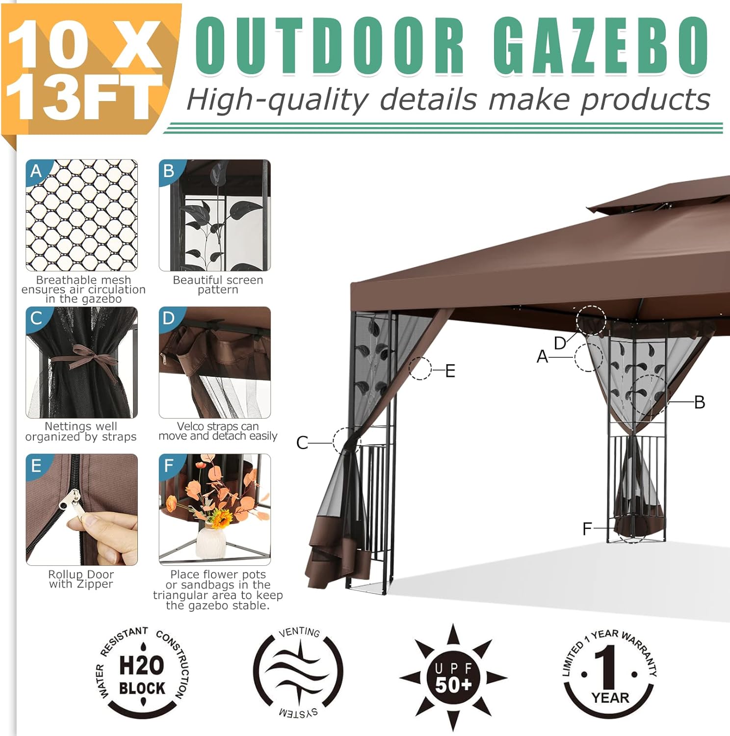 10x13 Gazebo on Clearance, Outdoor Gazebo Tent with Mosquito Netting and Ventilated Double Flat Roof, All Weather Easy Assembly for Patio, Backyard, Garden
