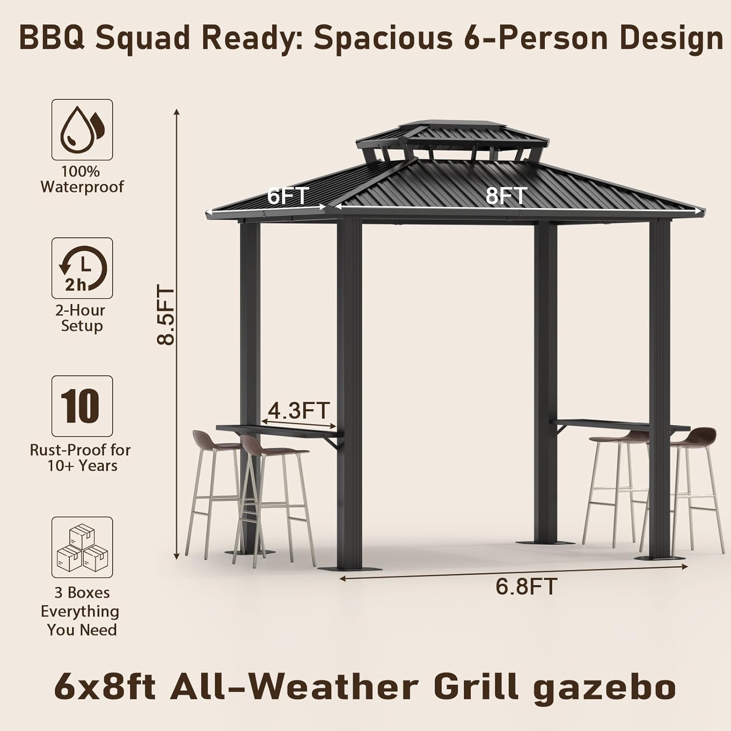 6x8ft Hardtop Grill Gazebo, Outdoor Patio Aluminum Frame Barbecue Gazebo with Galvanized Steel Double Roof and 2 Side Shelves for Deck Lawn Backyard Garden and Party, Black