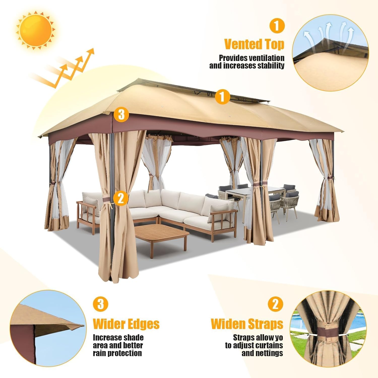 12x20, Outdoor Gazebo on Clearance with Double Ventilated Arc Roof, Privacy Curtains & Mosquito Netting, Easy Set up Canopy Tent with Stable Metal Frame