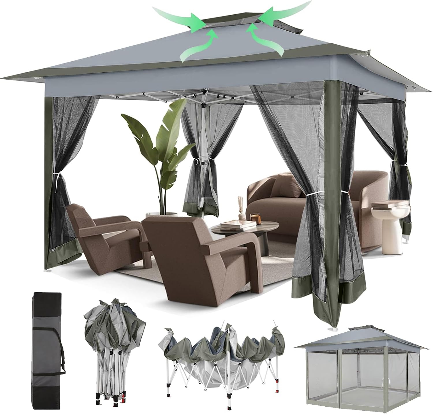 12x12 Pop Up Gazebos On Clearance - Upgrade Easy Up Metal Outdoor Gazebo Waterproof - Portable Gazebo with Mosquito Nettings, 4 Ropes 8 Stakes and Carry Bag for Patio Garden(Dark Gray)