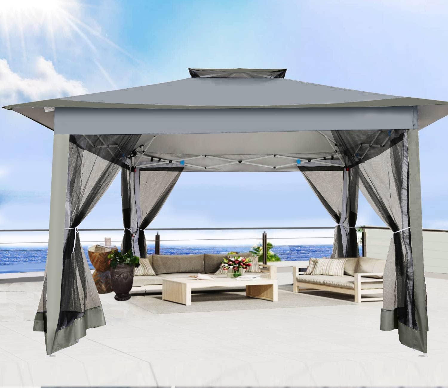 12x12 Pop Up Gazebos On Clearance - Upgrade Easy Up Metal Outdoor Gazebo Waterproof - Portable Gazebo with Mosquito Nettings, 4 Ropes 8 Stakes and Carry Bag for Patio Garden(Dark Gray)