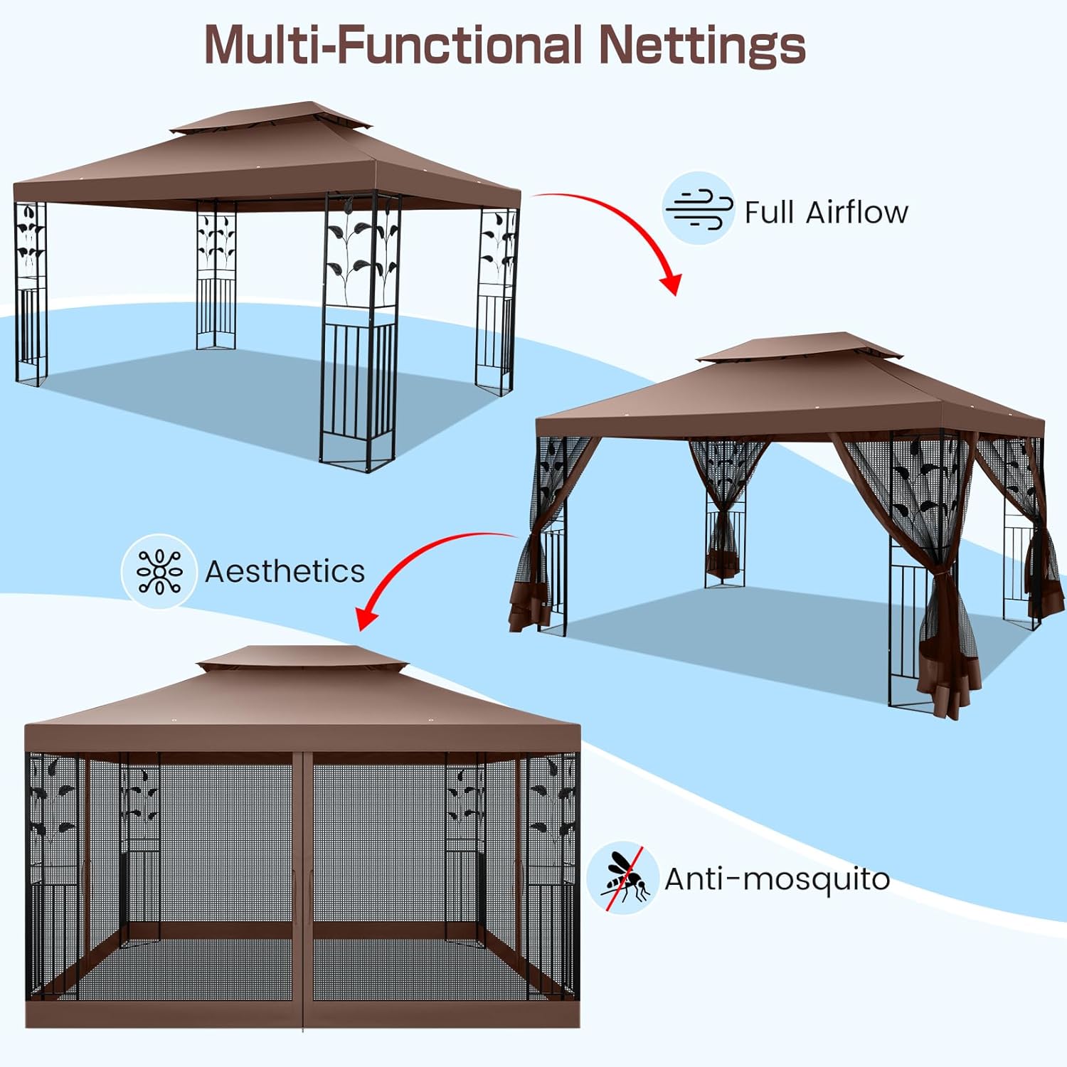 10x13 Gazebo on Clearance, Outdoor Gazebo Tent with Mosquito Netting and Ventilated Double Flat Roof, All Weather Easy Assembly for Patio, Backyard, Garden