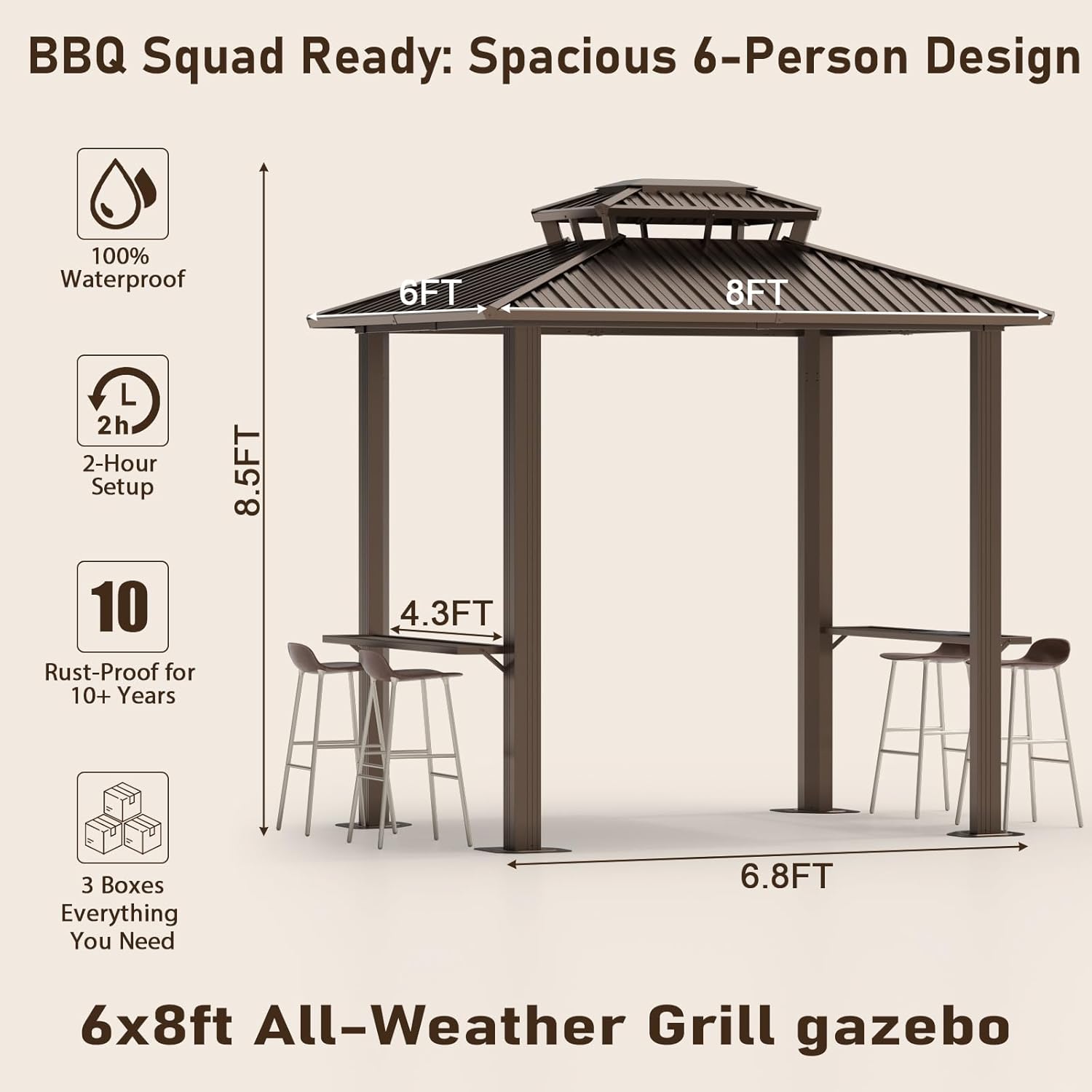 6x8ft Hardtop Grill Gazebo, Outdoor Patio Aluminum Frame Barbecue Gazebo with Galvanized Steel Double Roof and 2 Side Shelves for Deck Lawn Backyard Garden and Party, Brown