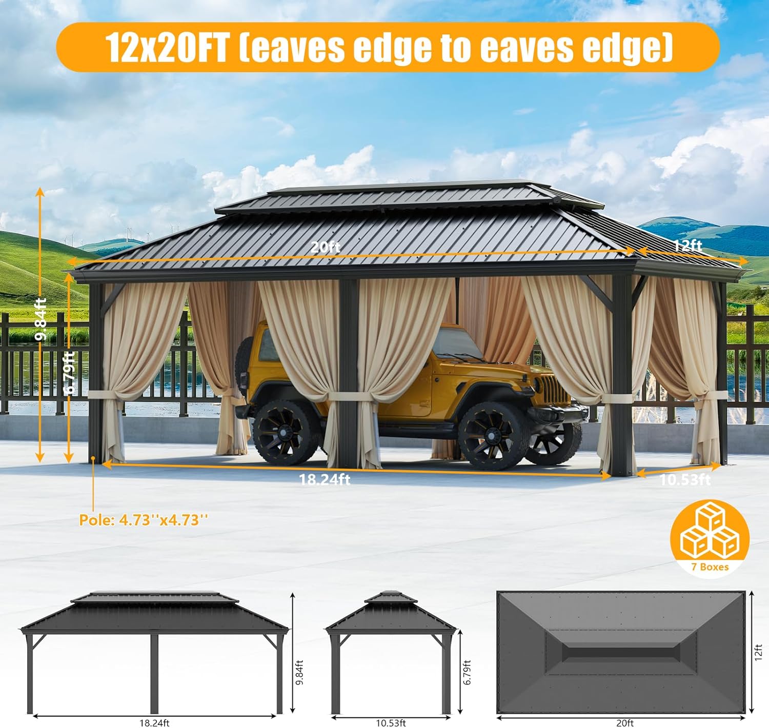 12x20 Gazebo with Metal Roof Heavy Duty Hardtop Gazebo with Flame-Retardant Curtain & Netting, Hot Tub Gazebos with Galvanized Steel Double Roof, Outdoor Canopy for Patio, Party