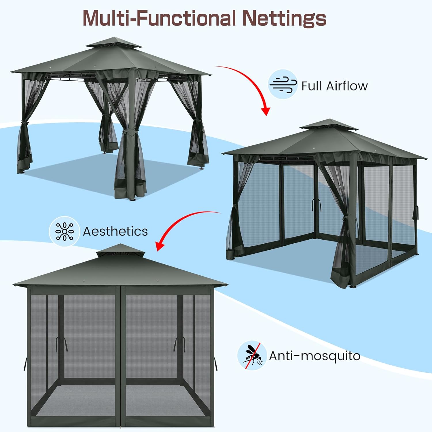 10'x10' Outdoor Gazebo para Patio on Clearance with Netting, Waterproof Canopy Tent with Heavy Duty Steel Frame, High Wind-Resistant Shelter for Backyard, Deck & Garden