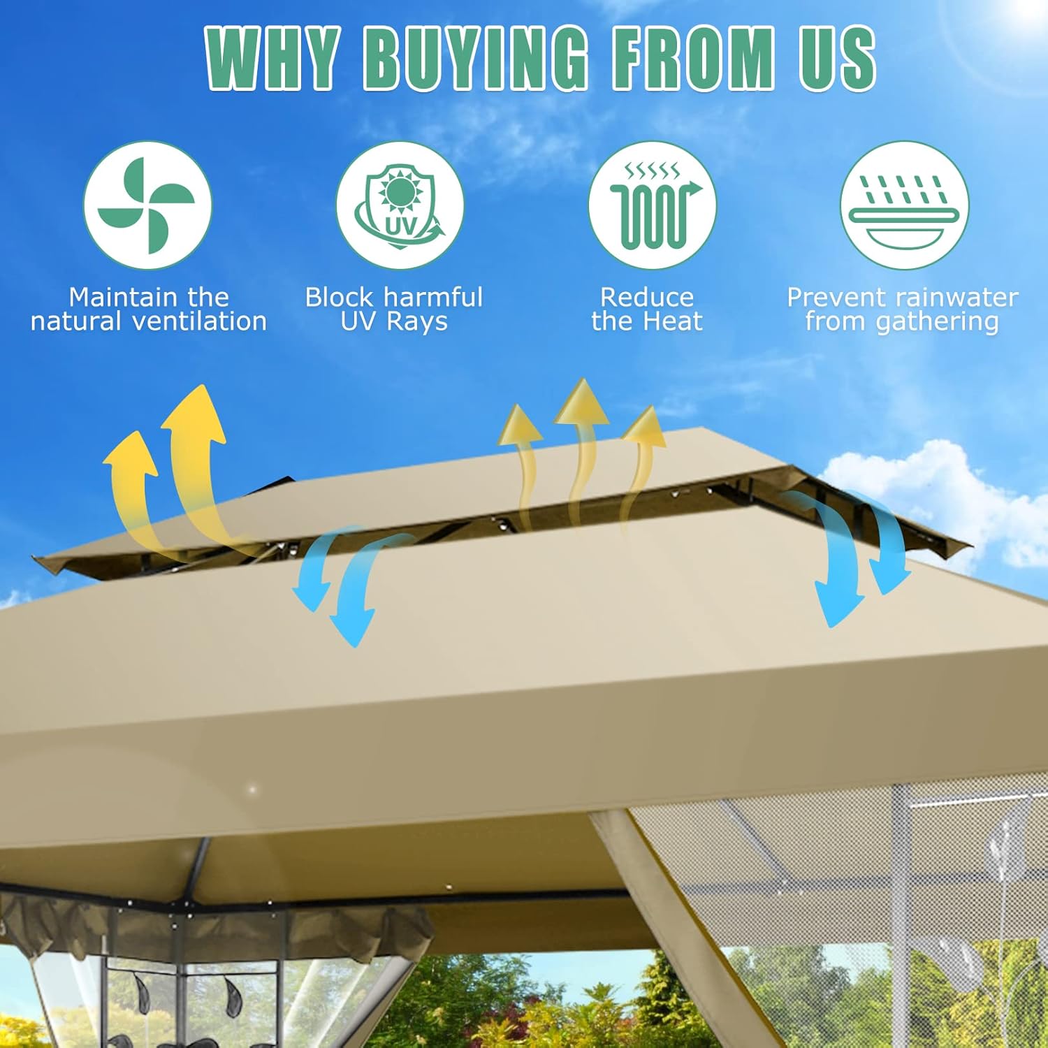 10x13ft Gazebo on Clearance, Outdoor Tent with Mosquito Netting and Ventilated Double Flat Roof, Patio Gazebo with Stable Metal Frame