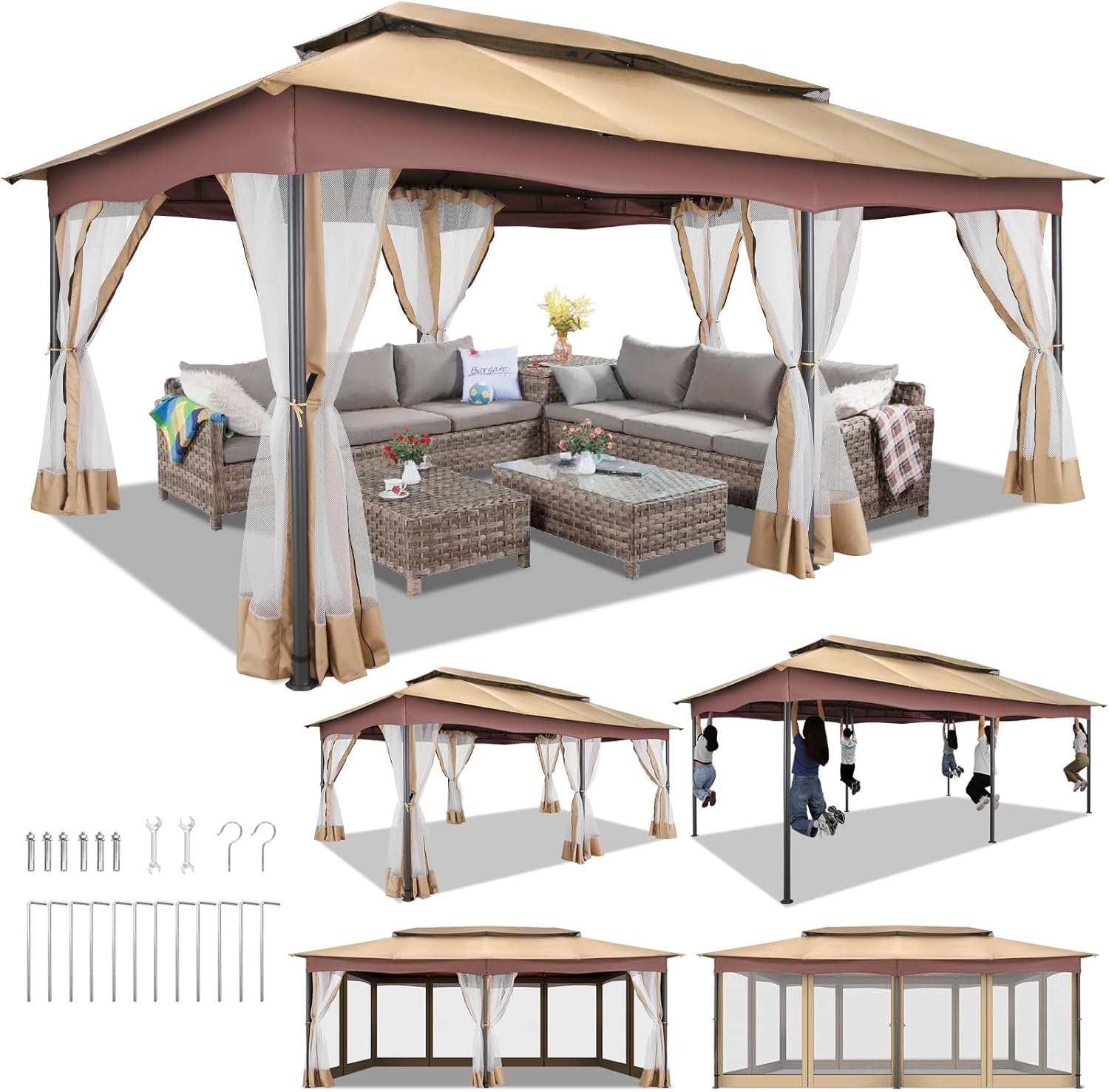 12x20ft Gazebo on Clearance, Outdoor Gazebo Tent with Mosquito Netting and Ventilated Double Flat Roof, Easy Set up Canopy Tent with Stable Metal Frame