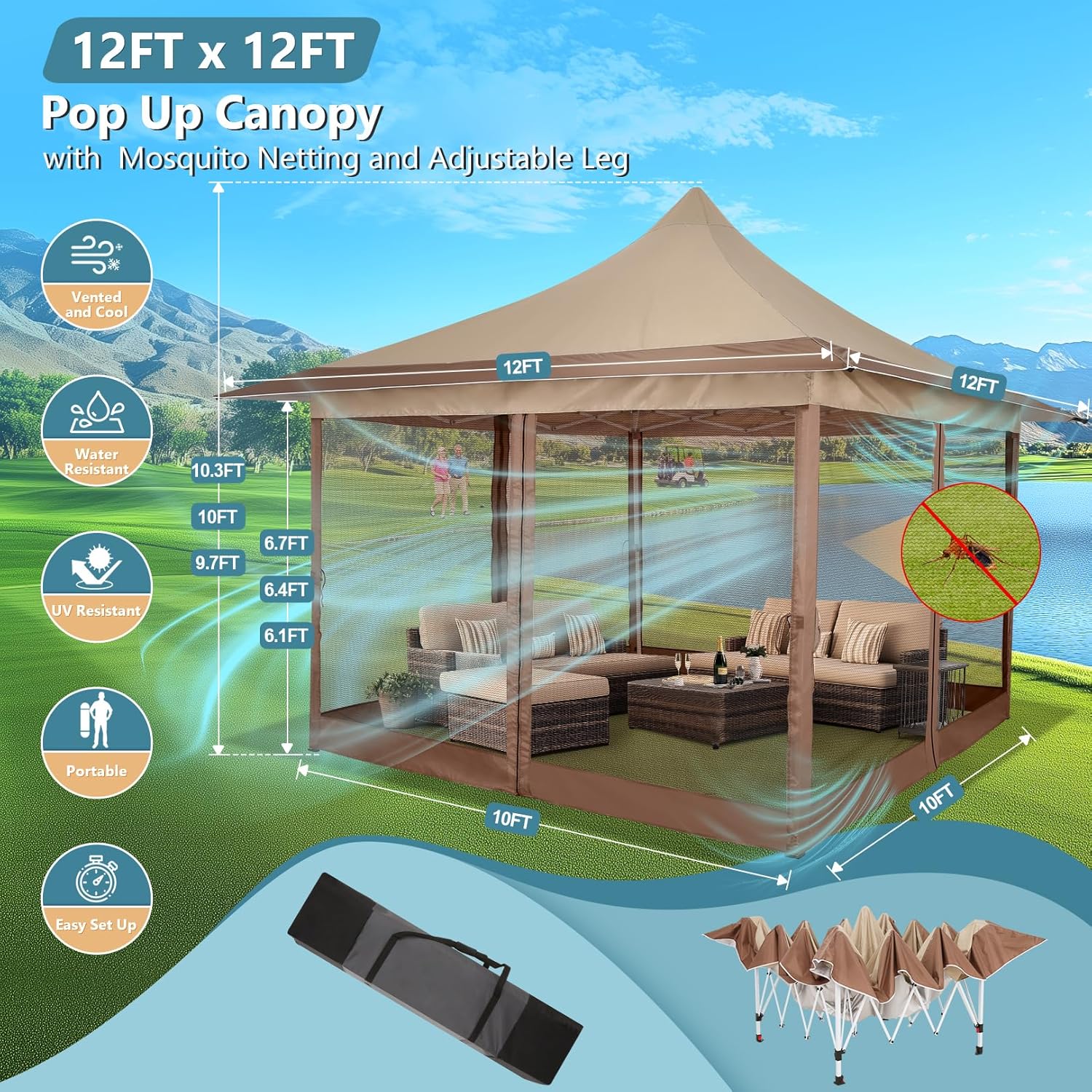 12x12 Pop Up Gazebo On Clearance Canopy Tent Easy Up Outdoor Gazebo Waterproof Upgrade with Mosquito Nettings and Carry Bag for Patio Garden Lawn