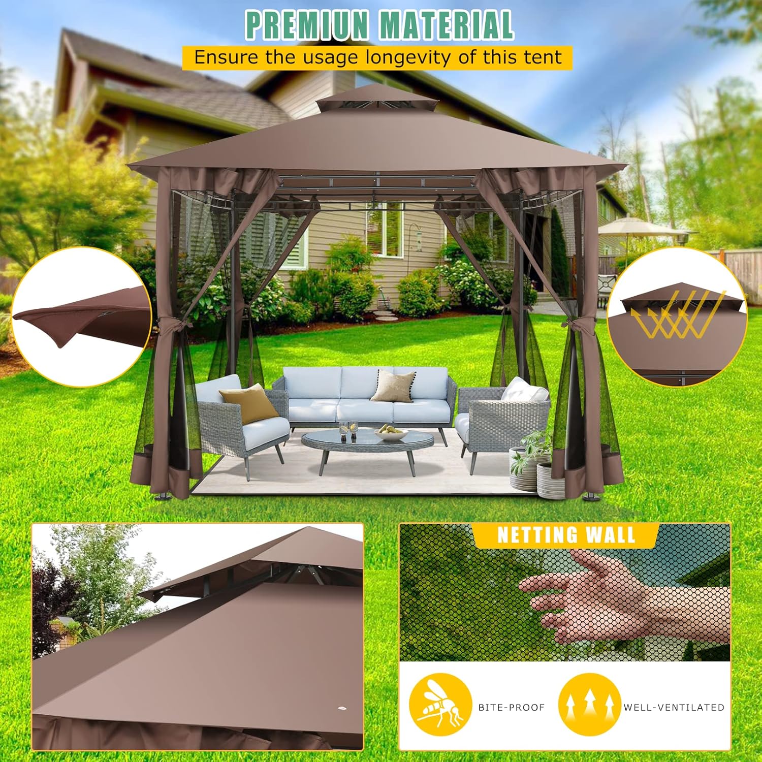 10’x10’ Gazebo on Clearance, Waterproof Outdoor Gazebo with Mosquito Netting, Double Roof and Heavy Duty Durable Frame