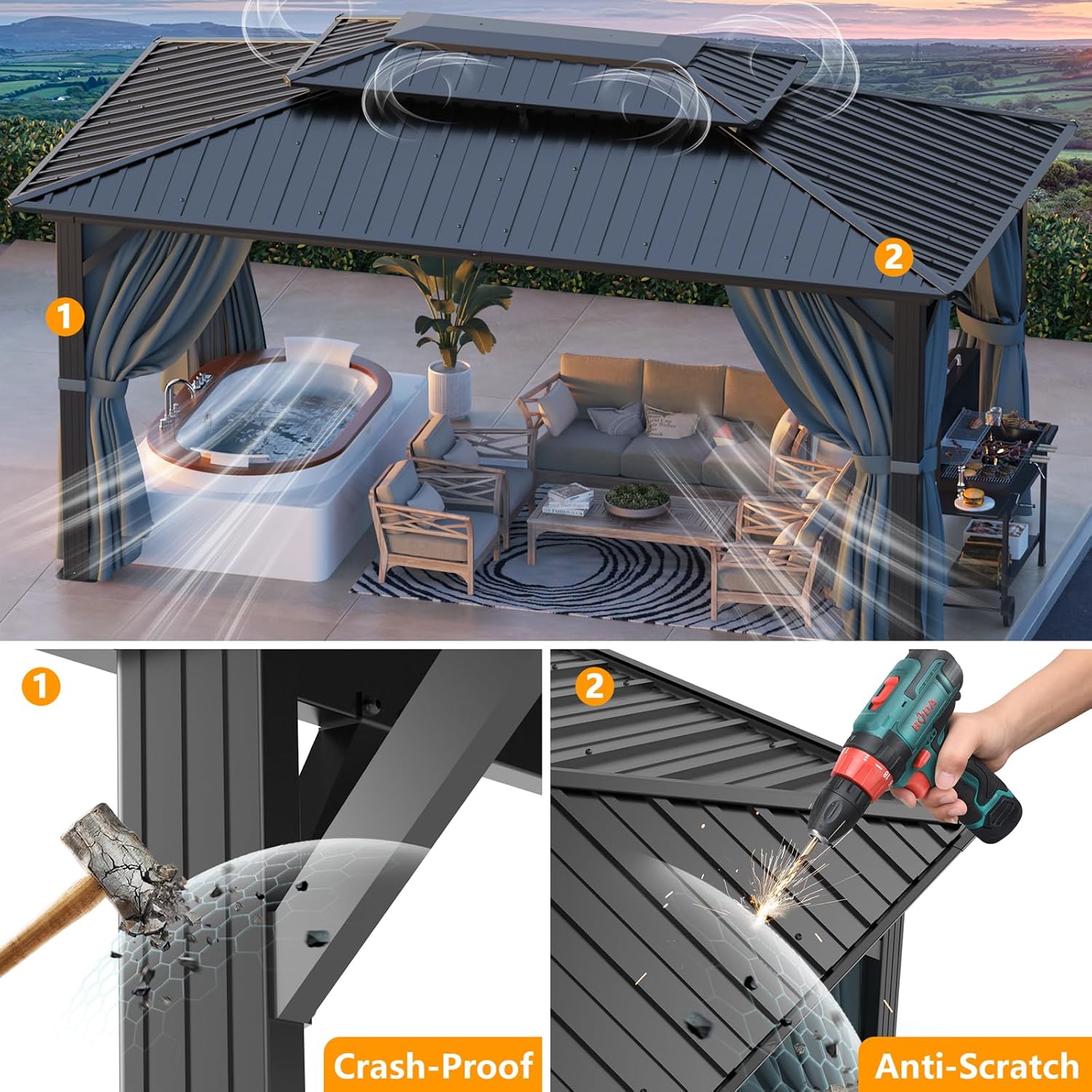 10x12 Hardtop Gazebo Hot Tub Gazebo with Flame-Retardant Curtain Netting, Heavy Duty Pavilion with Galvanized Steel Double Roof, Aluminum Frame Outdoor Canopy for Patio and Party