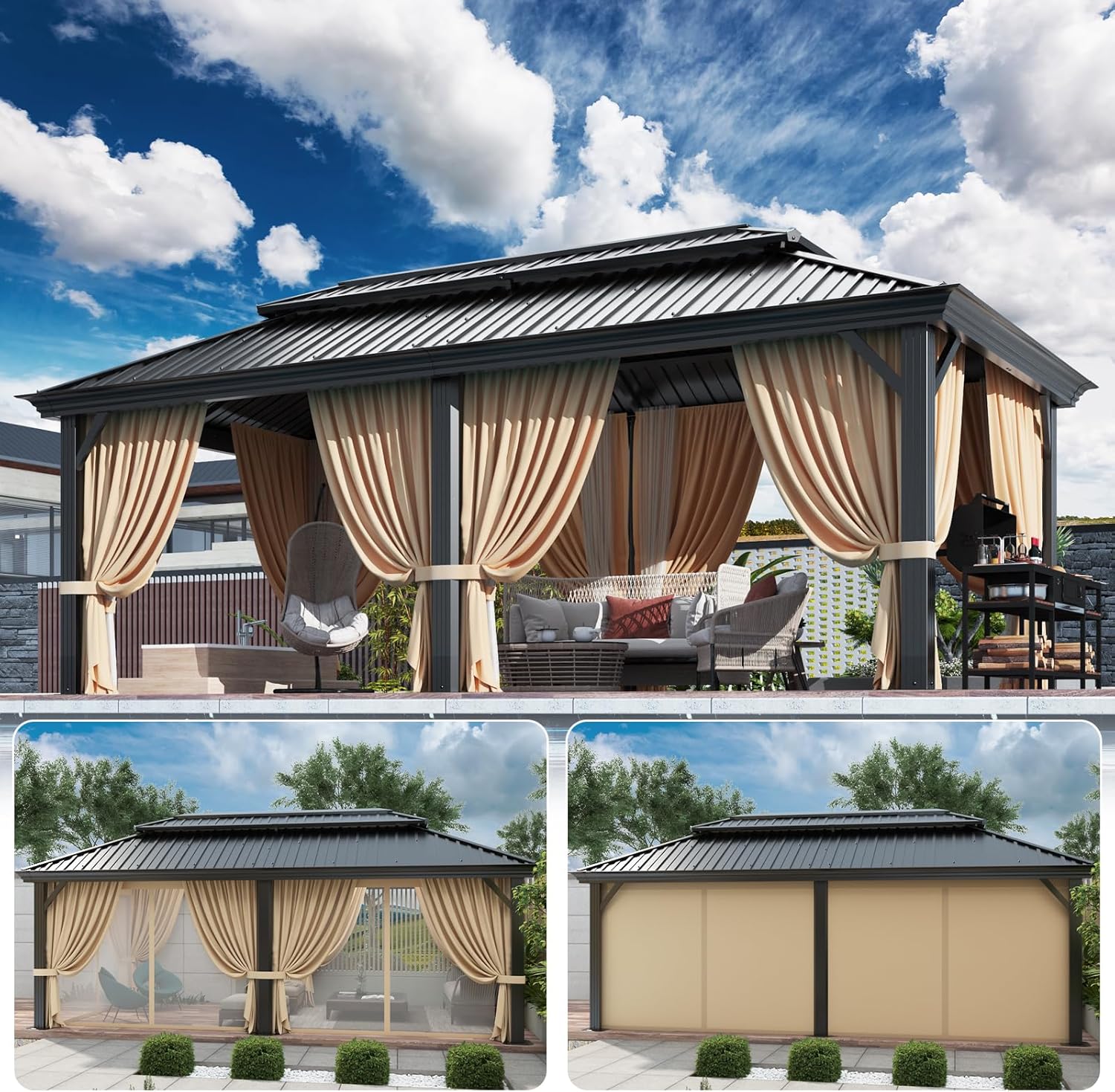 12x20 Gazebo with Metal Roof Heavy Duty Hardtop Gazebo with Flame-Retardant Curtain & Netting, Hot Tub Gazebos with Galvanized Steel Double Roof, Outdoor Canopy for Patio, Party