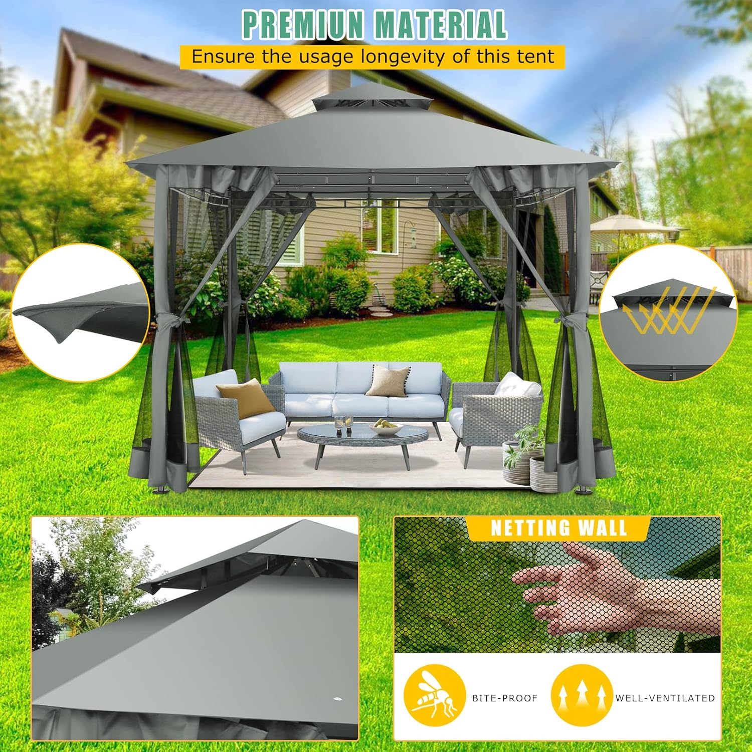 10'x10' Outdoor Gazebo para Patio on Clearance with Netting, Waterproof Canopy Tent with Heavy Duty Steel Frame, High Wind-Resistant Shelter for Backyard, Deck & Garden