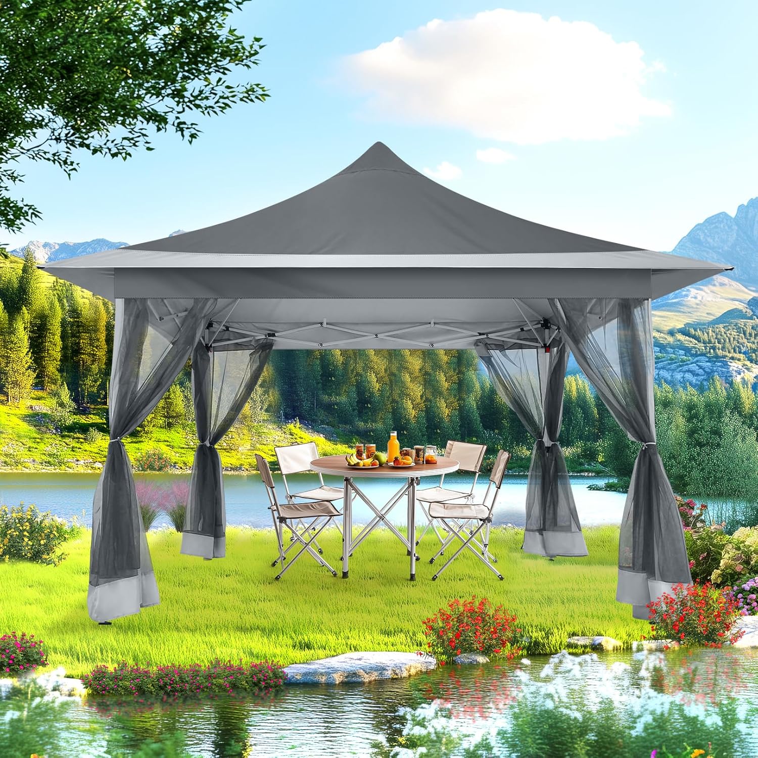 12x12 Pop Up Gazebo On Clearance Canopy Tent Easy Up Outdoor Gazebo Waterproof Upgrade with Mosquito Nettings and Carry Bag for Patio Garden Lawn