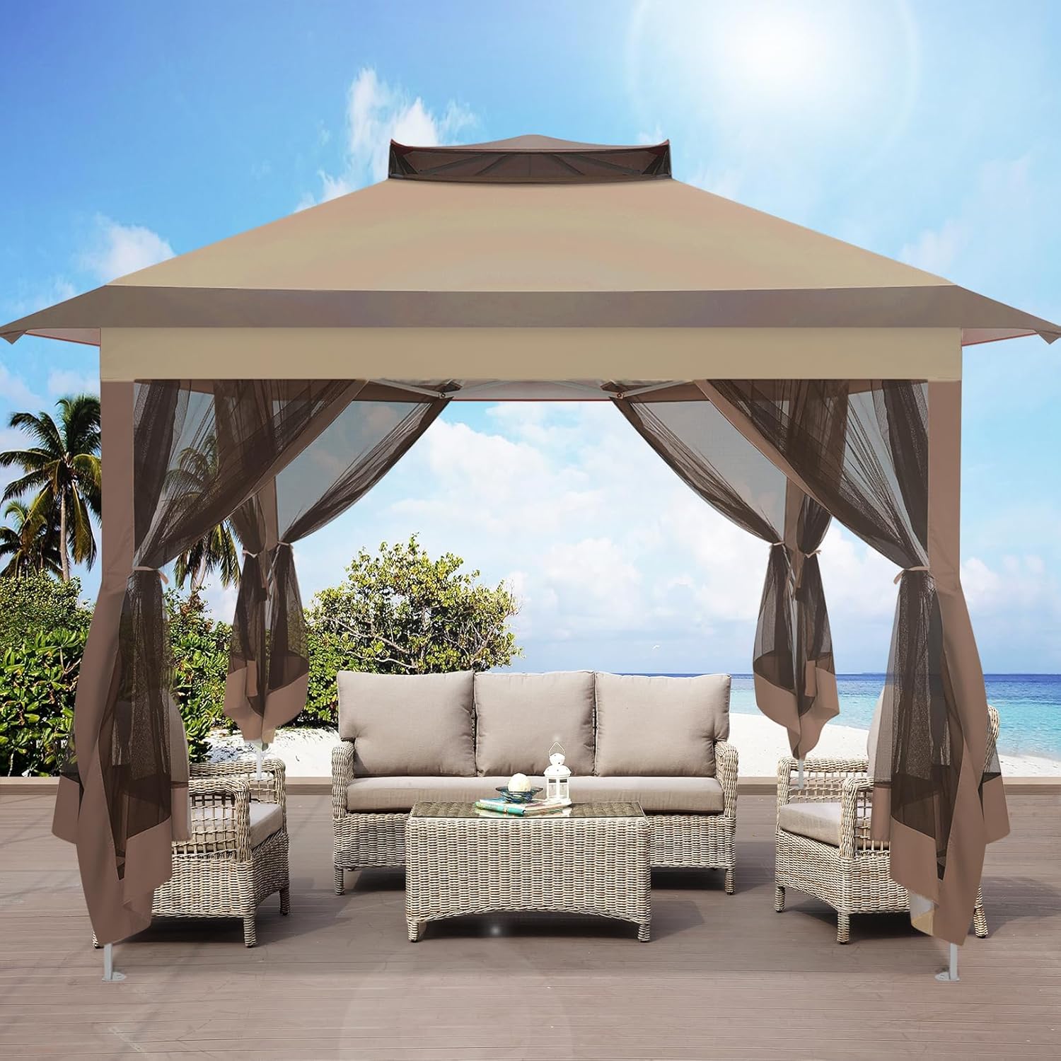 10x10 Pop Up Gazebos on Clearance 11x11 Canopy Tent Easy Up Outdoor Gazebo Waterproof Portable Gazebo with Mosquito Nettings, Double Vented Roof and Carry Bag for Patio Garden Lawn(Coffee)