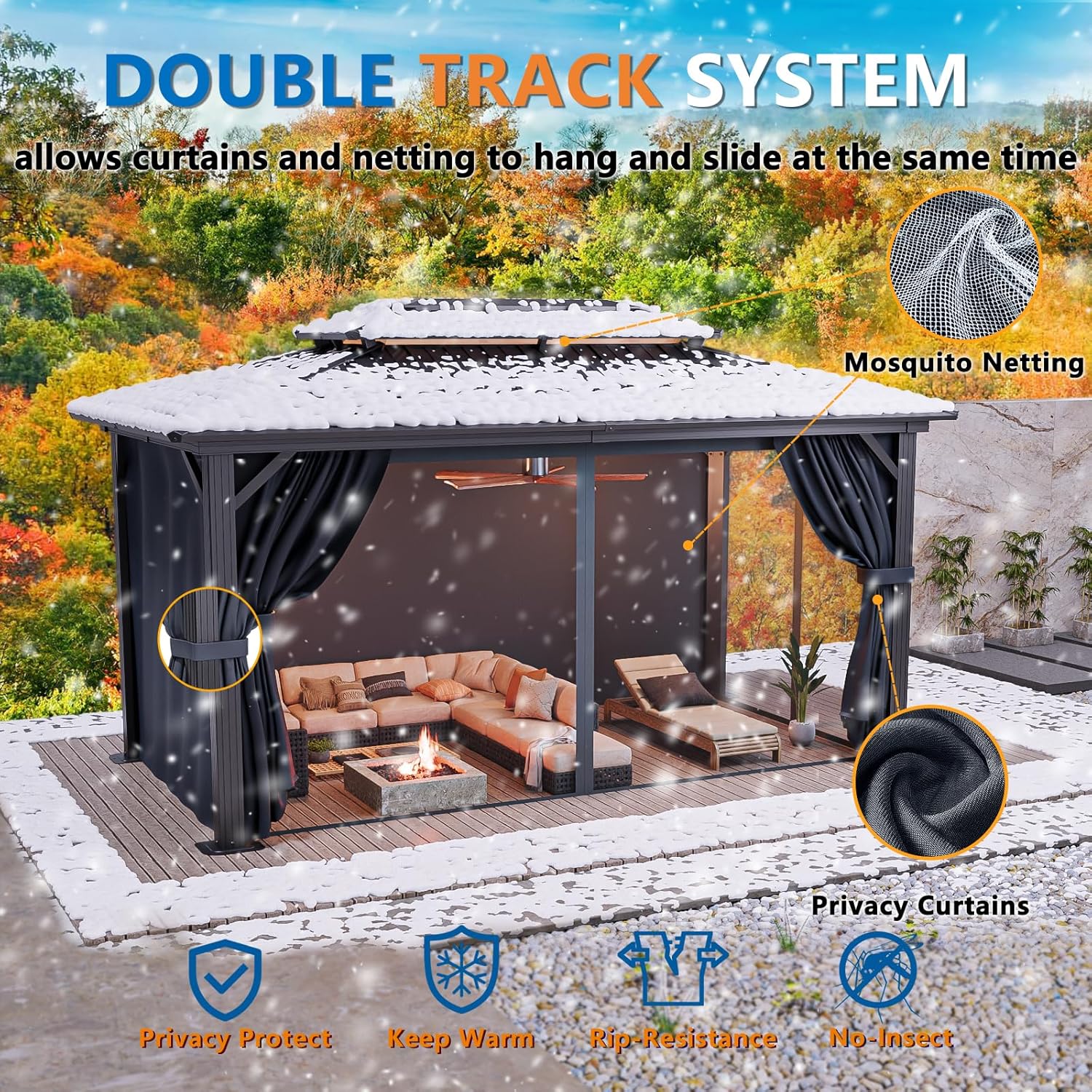 10x15 Hardtop Gazebo with Heavy Duty Galvanized Steel Double Roof, Aluminum Frame, Flame-Resistant Curtains and Netting, Outdoor Permanent Pavillon for Backyard, Black