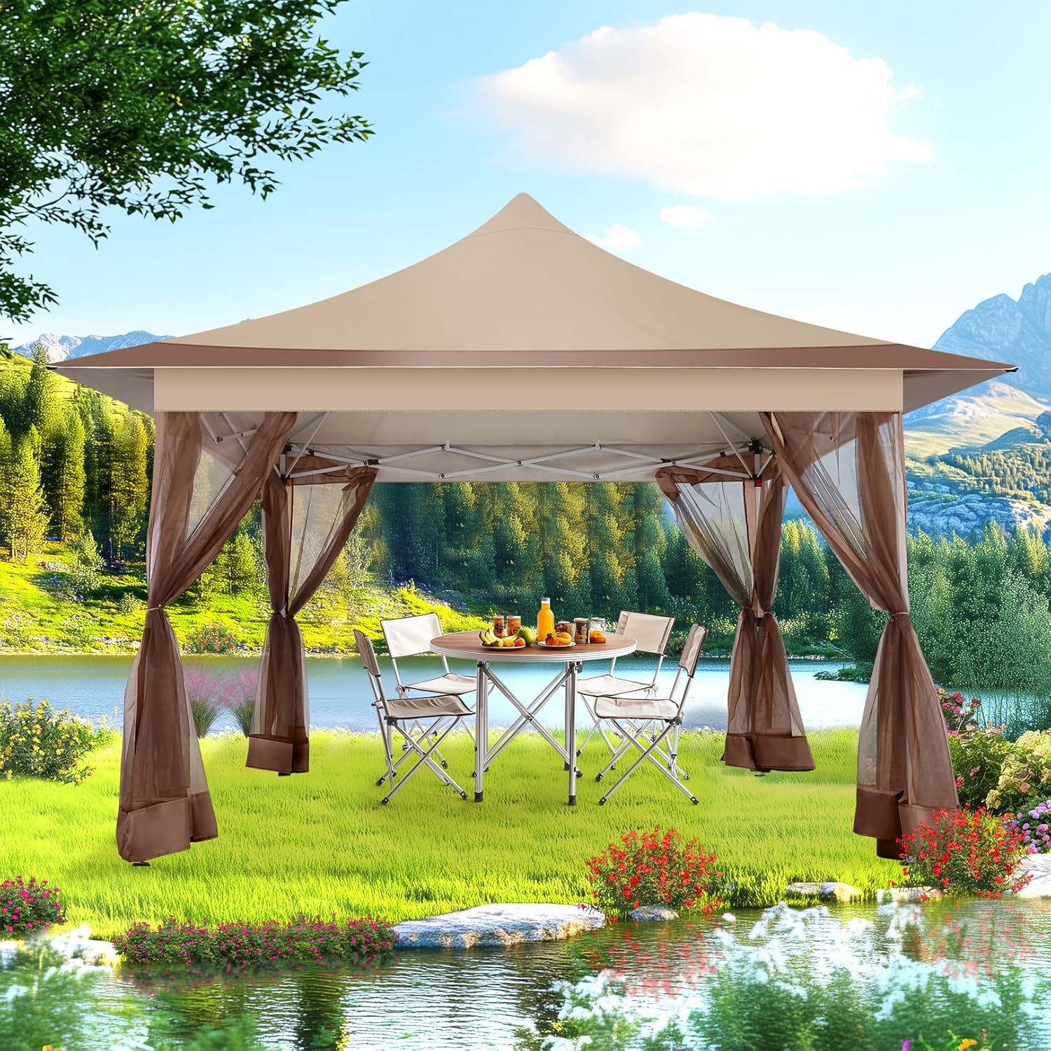 12x12 Pop Up Gazebo On Clearance Canopy Tent Easy Up Outdoor Gazebo Waterproof Upgrade with Mosquito Nettings and Carry Bag for Patio Garden Lawn