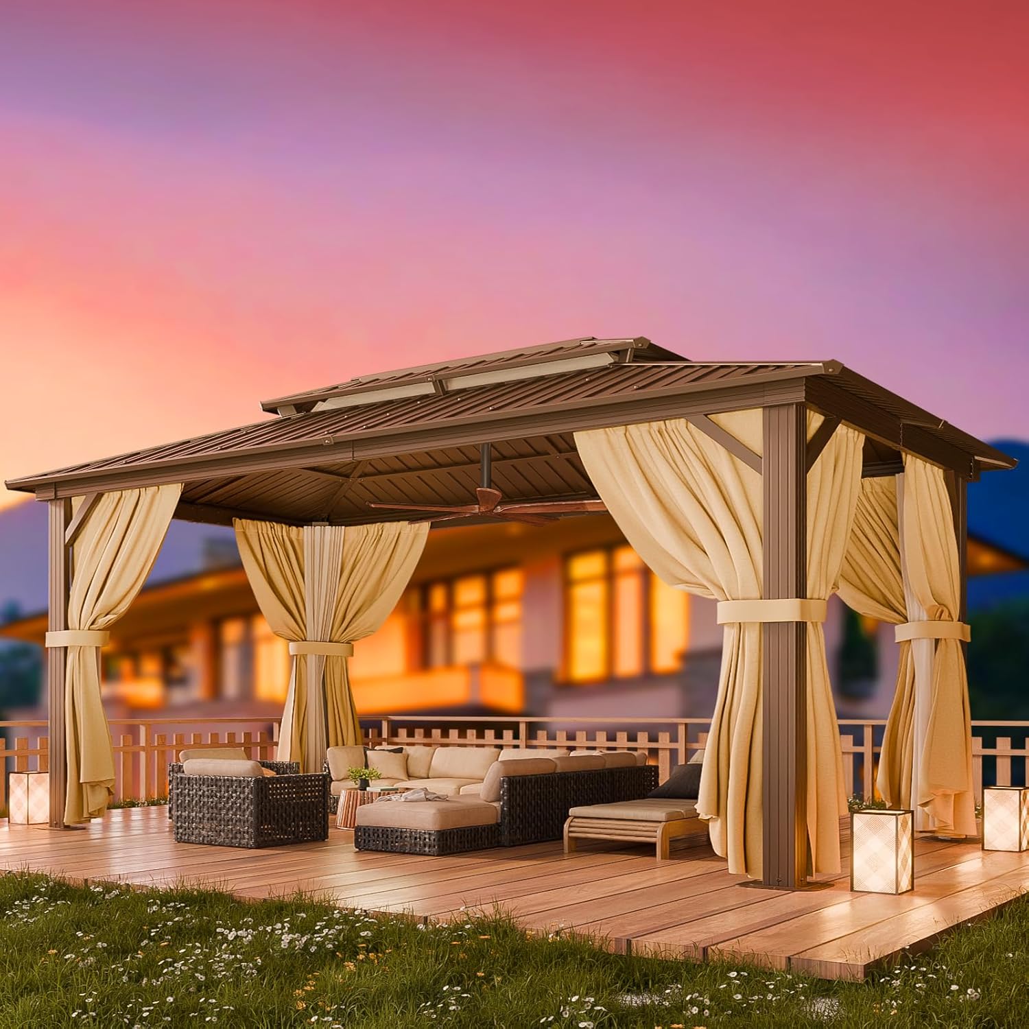 10x15 Hardtop Gazebo with Heavy Duty Galvanized Steel Double Roof, Aluminum Frame, Flame-Resistant Curtains and Netting, Outdoor Permanent Pavillon for Backyard, Brown