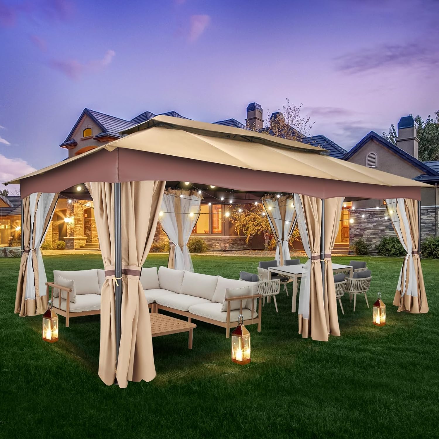 12x20, Outdoor Gazebo on Clearance with Double Ventilated Arc Roof, Privacy Curtains & Mosquito Netting, Easy Set up Canopy Tent with Stable Metal Frame