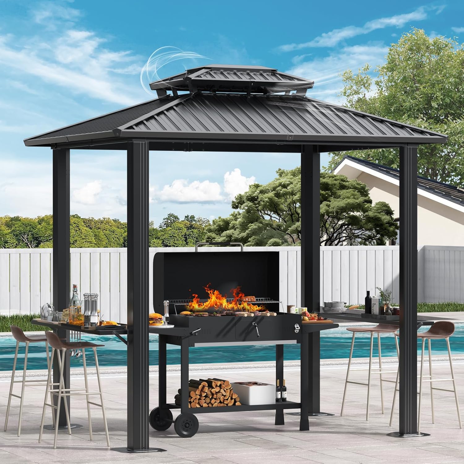 6x8ft Hardtop Grill Gazebo, Outdoor Patio Aluminum Frame Barbecue Gazebo with Galvanized Steel Double Roof and 2 Side Shelves for Deck Lawn Backyard Garden and Party, Black