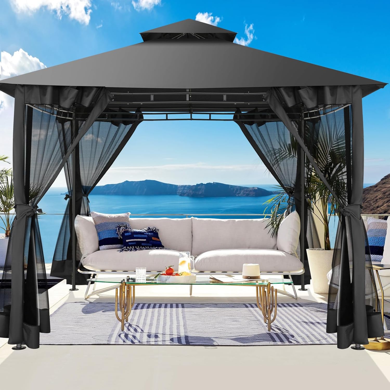 10'x10' Outdoor Gazebo para Patio on Clearance with Netting, Waterproof Canopy Tent with Heavy Duty Steel Frame, High Wind-Resistant Shelter for Backyard