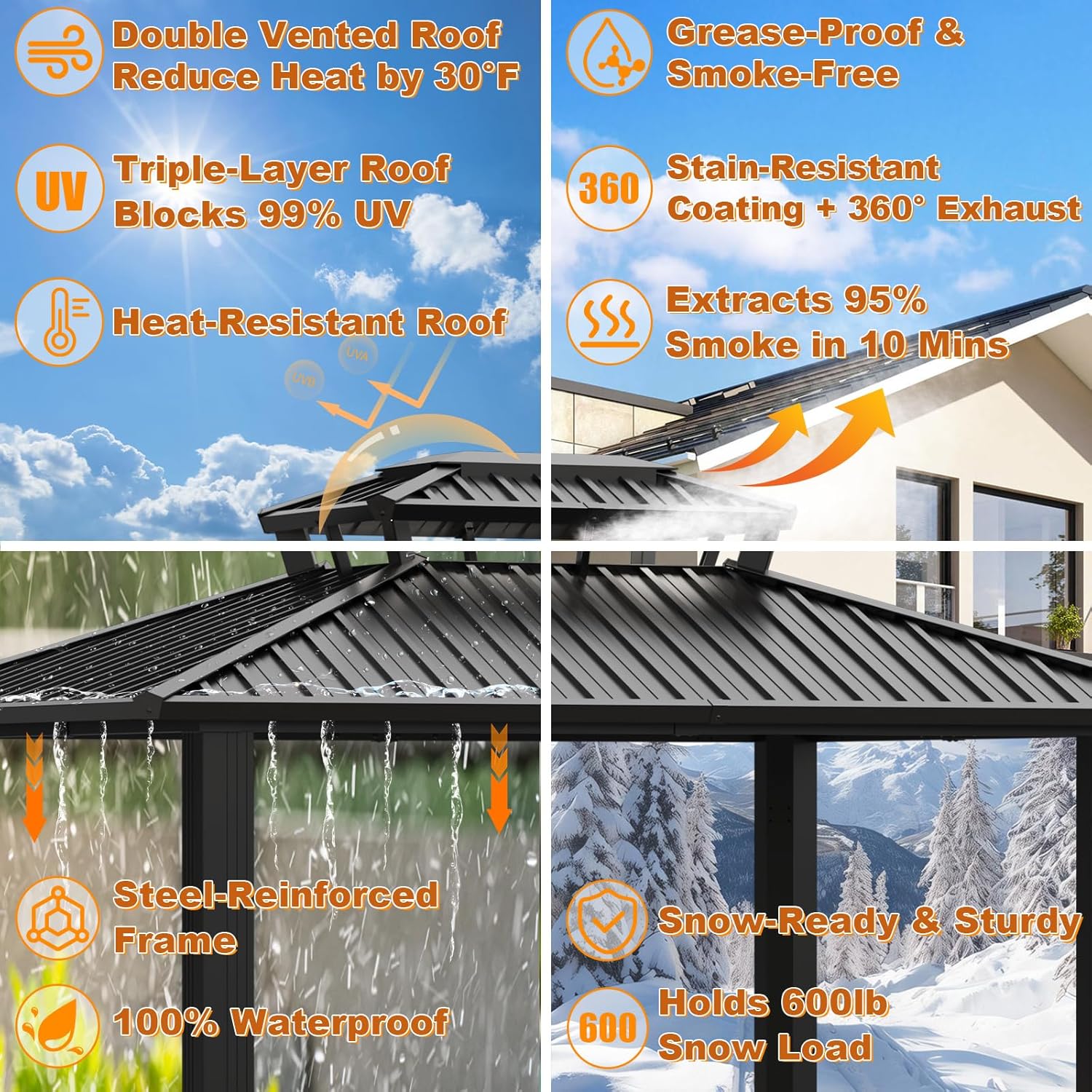 6x8ft Hardtop Grill Gazebo, Outdoor Patio Aluminum Frame Barbecue Gazebo with Galvanized Steel Double Roof and 2 Side Shelves for Deck Lawn Backyard Garden and Party, Black