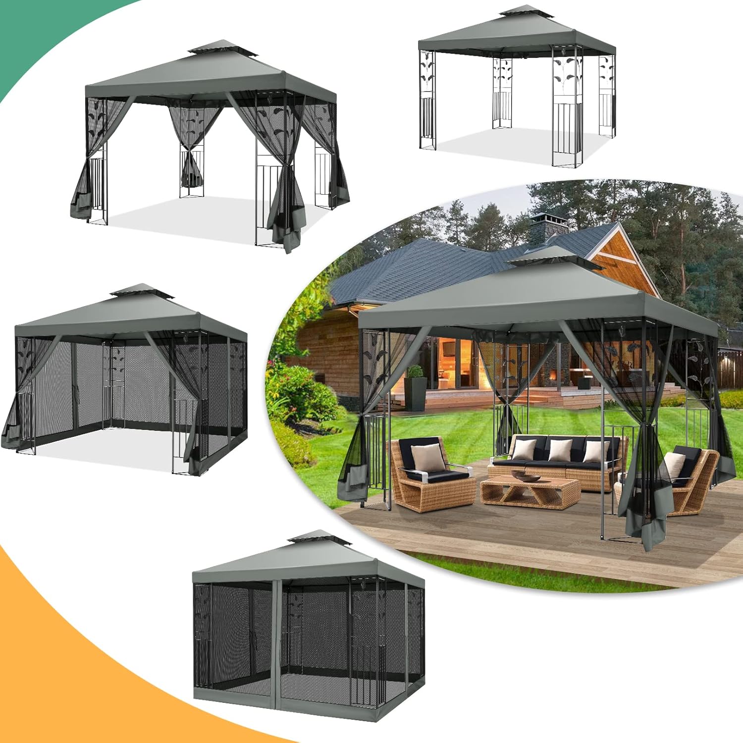 10x10 Gazebo on Clearance, Outdoor Gazebo with Mosquito Netting and Double Roof, Metal Gazebo with Iron Floral Frame, Easy Set Waterproof Patio Gazebo for Gardens, Lawns & Backyard