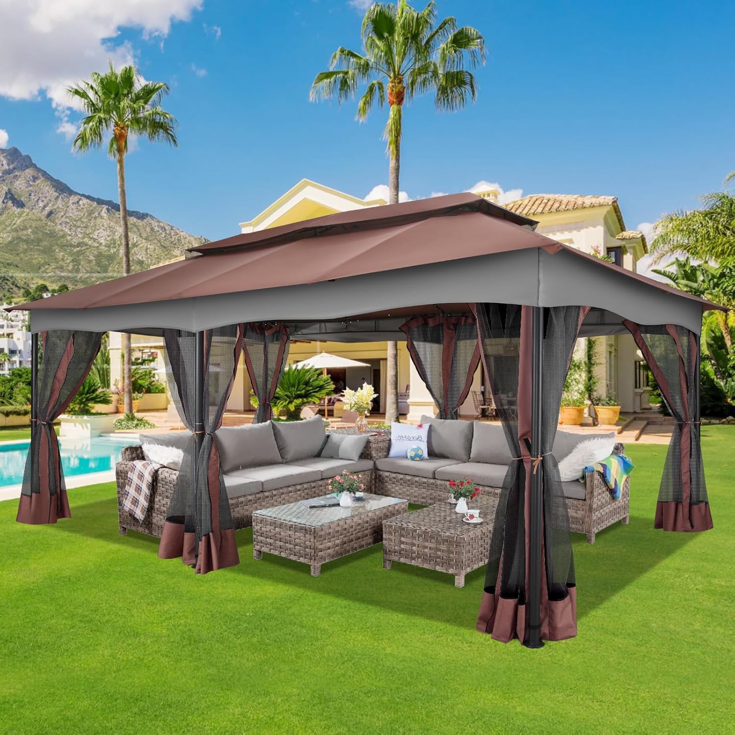 12x20ft Gazebo on Clearance, Outdoor Gazebo Tent with Mosquito Netting and Ventilated Double Flat Roof, Easy Set up Canopy Tent with Stable Metal Frame for Patio, Brown