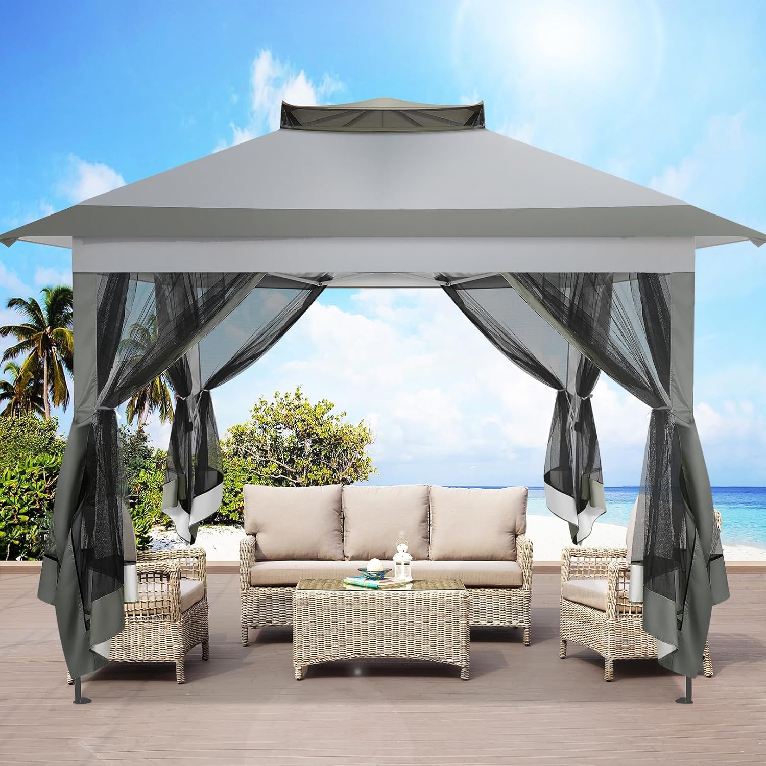 10x10 Pop Up Gazebos on Clearance 11x11 Canopy Tent Easy Up Outdoor Gazebo Waterproof Portable Gazebo with Mosquito Nettings, Double Vented Roof and Carry Bag for Patio Garden Lawn(Gray)