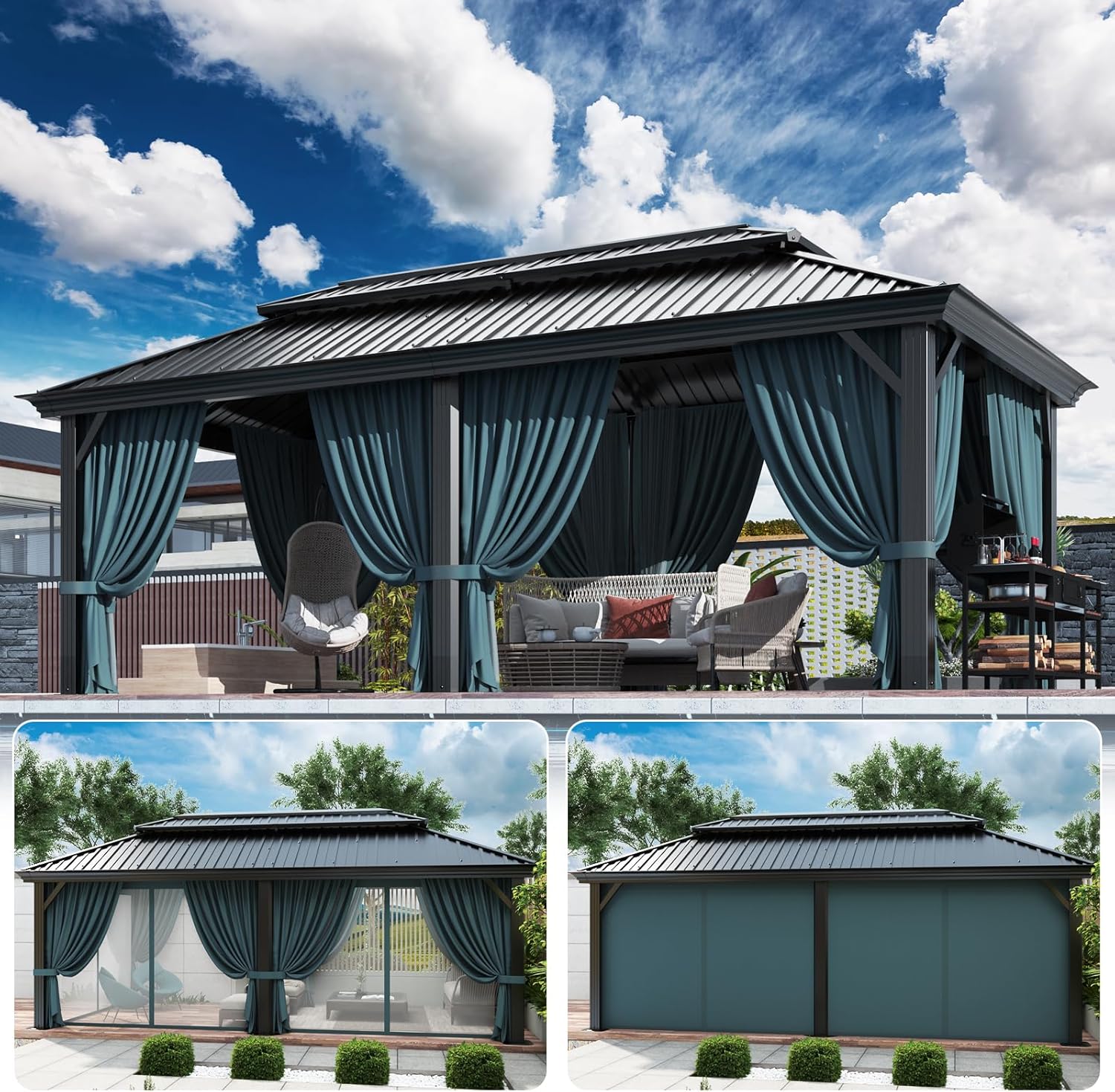 12x20 Gazebo with Metal Roof Heavy Duty Hardtop Gazebo with Flame-Retardant Curtain & Netting, Hot Tub Gazebos with Galvanized Steel Double Roof, Outdoor Canopy for Patio, Party