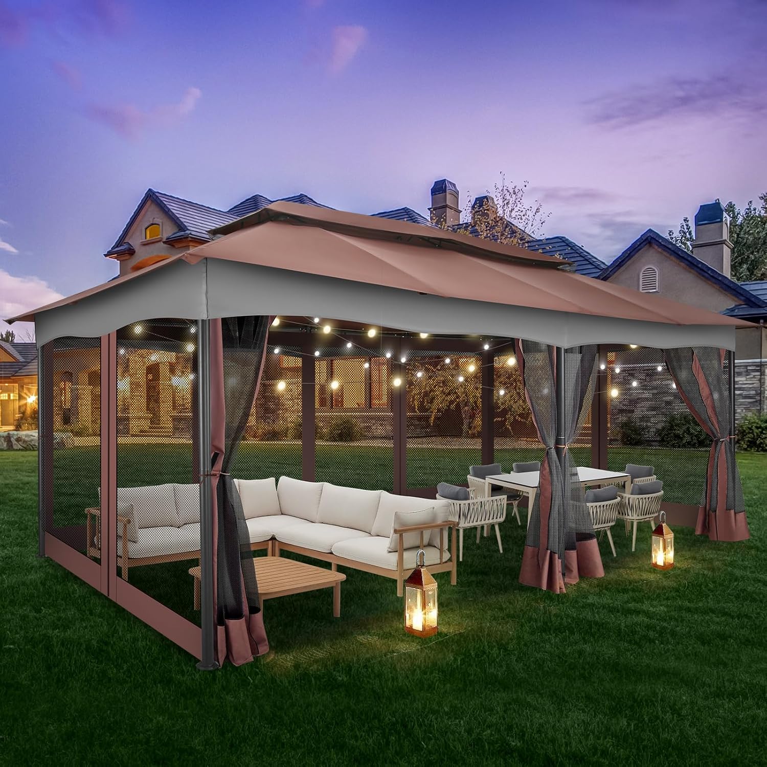 12x20ft Gazebo on Clearance, Outdoor Gazebo Tent with Mosquito Netting and Ventilated Double Flat Roof, Easy Set up Canopy Tent with Stable Metal Frame for Patio, Brown