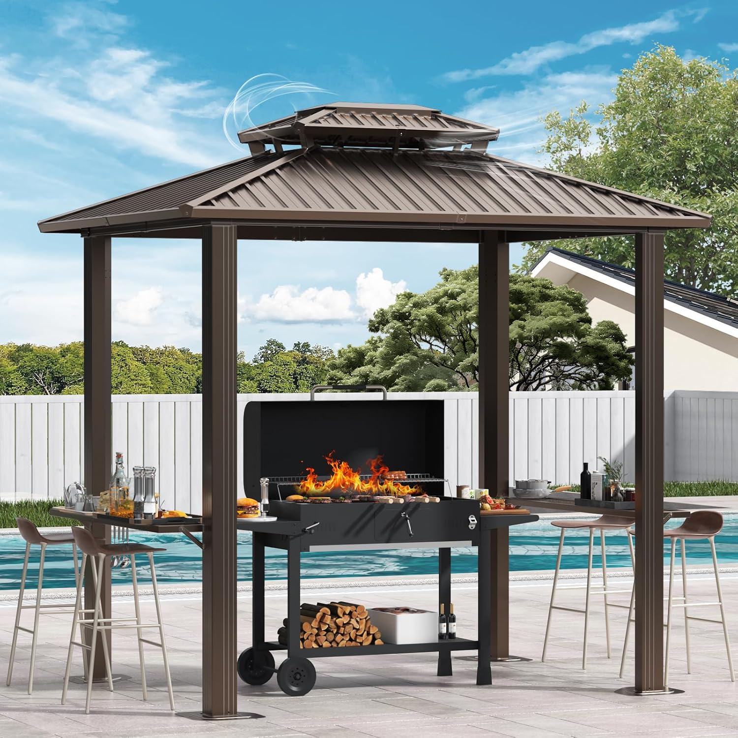 6x8ft Hardtop Grill Gazebo, Outdoor Patio Aluminum Frame Barbecue Gazebo with Galvanized Steel Double Roof and 2 Side Shelves for Deck Lawn Backyard Garden and Party, Brown