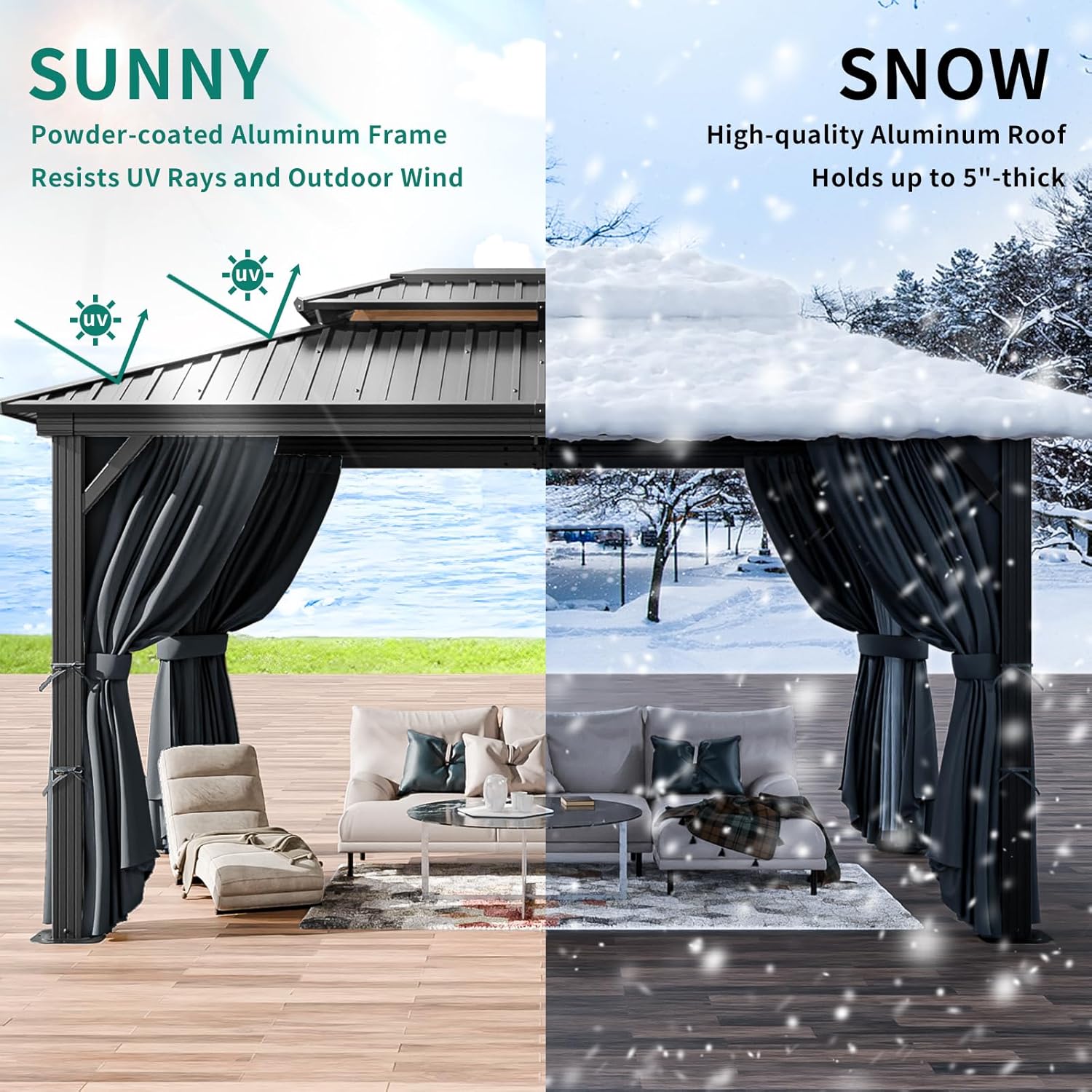 10x12 Hardtop Gazebo with Heavy Duty Galvanized Steel Double Roof, Aluminum Frame, Flame-Resistant Curtains and Netting, Outdoor Permanent Pavillon for Backyard, Black