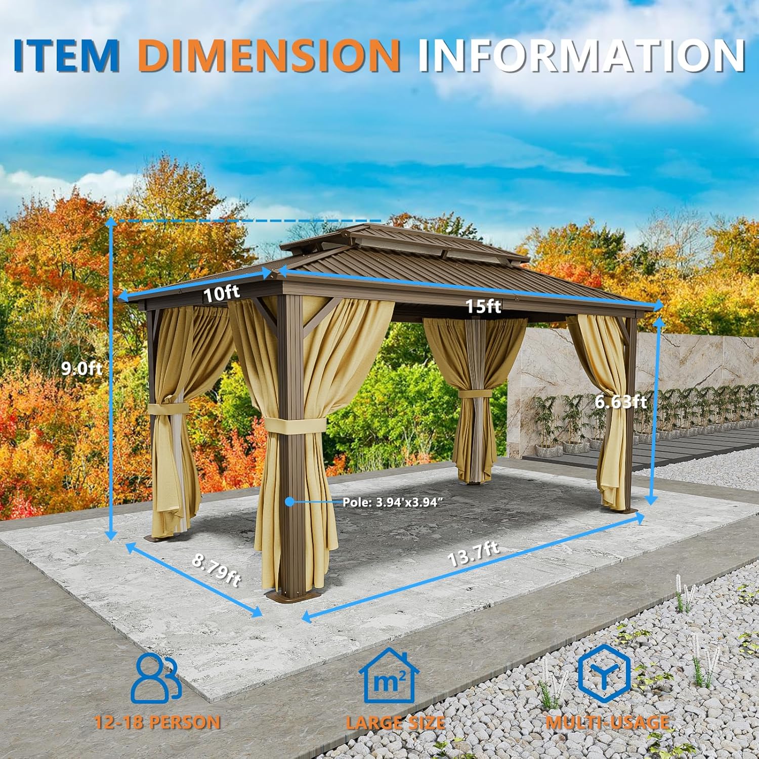 10x15 Hardtop Gazebo with Heavy Duty Galvanized Steel Double Roof, Aluminum Frame, Flame-Resistant Curtains and Netting, Outdoor Permanent Pavillon for Backyard, Brown