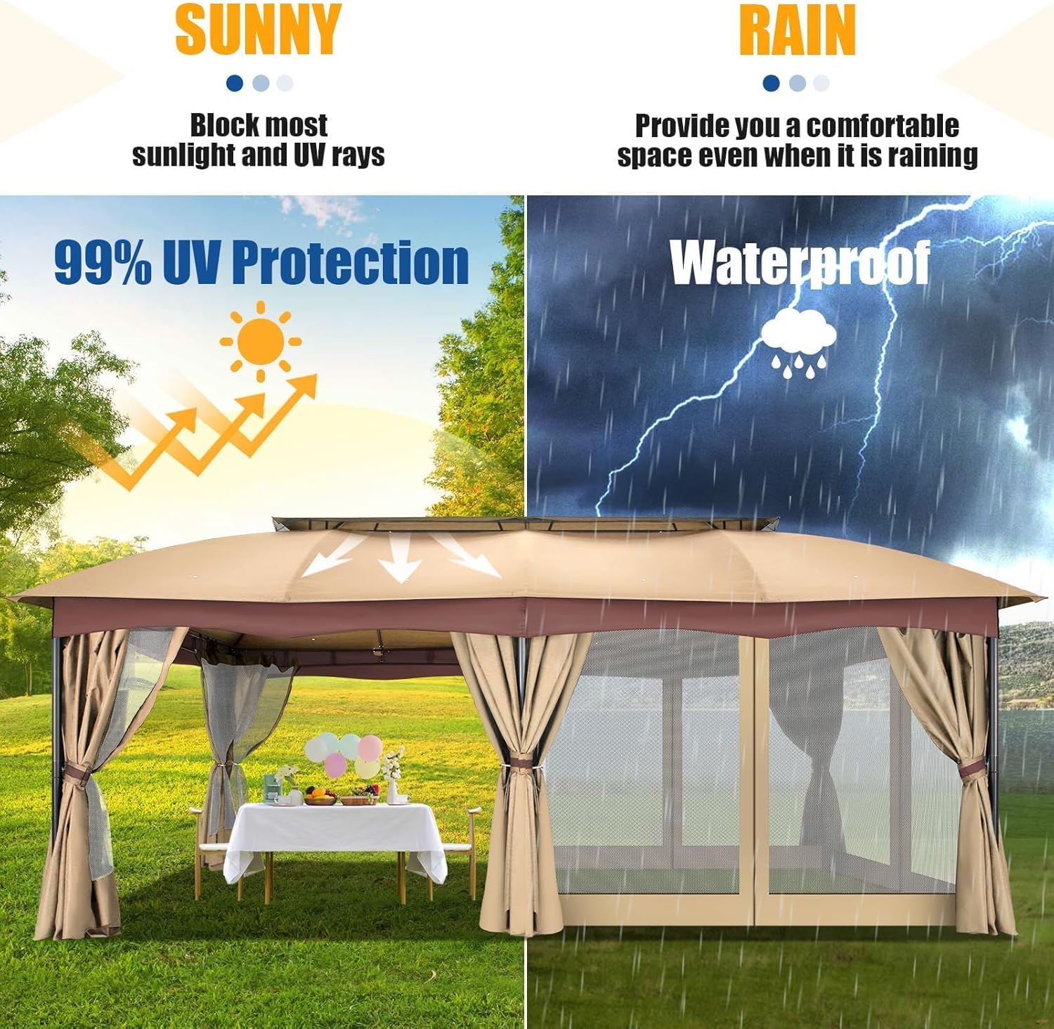 12x20, Outdoor Gazebo on Clearance with Double Ventilated Arc Roof, Privacy Curtains & Mosquito Netting, Easy Set up Canopy Tent with Stable Metal Frame