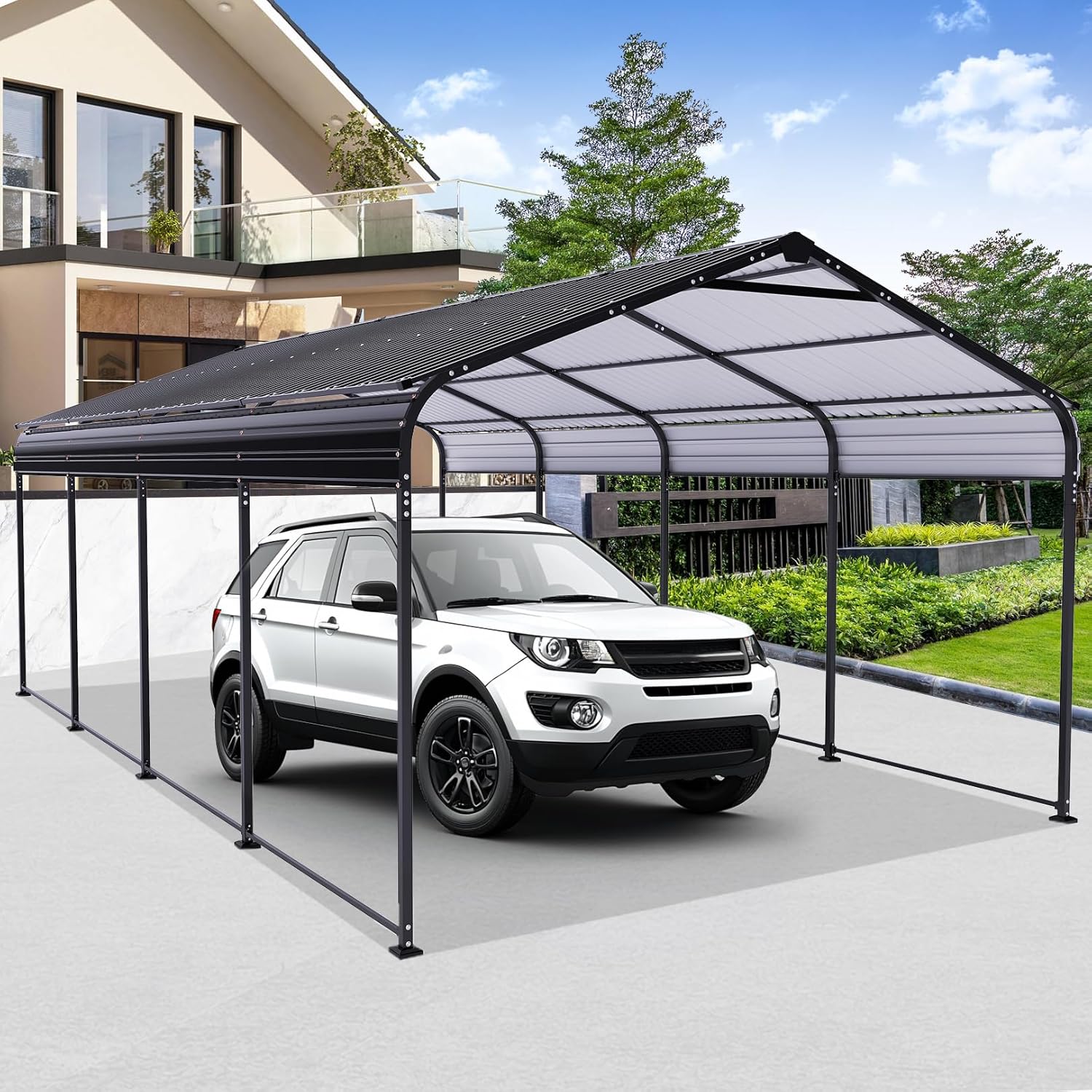 12x20 Metal Carport Canopy with Galvanized Frame & Reinforced Base for All Weather, Heavy Duty Car Garage Outdoor Permanent Shelter for Boats, Carport Kits, Full-Sized Pickup Trucks and Cars