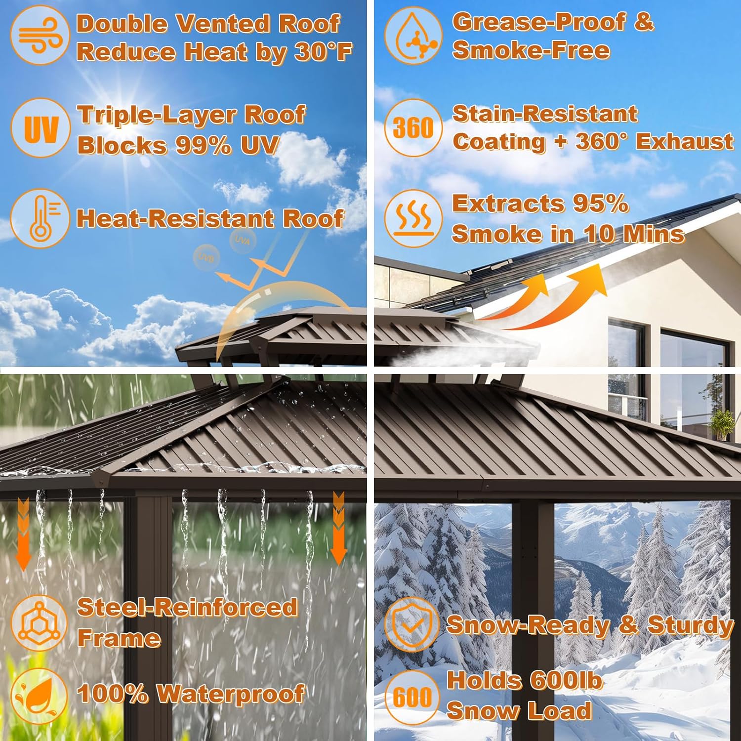 6x8ft Hardtop Grill Gazebo, Outdoor Patio Aluminum Frame Barbecue Gazebo with Galvanized Steel Double Roof and 2 Side Shelves for Deck Lawn Backyard Garden and Party, Brown