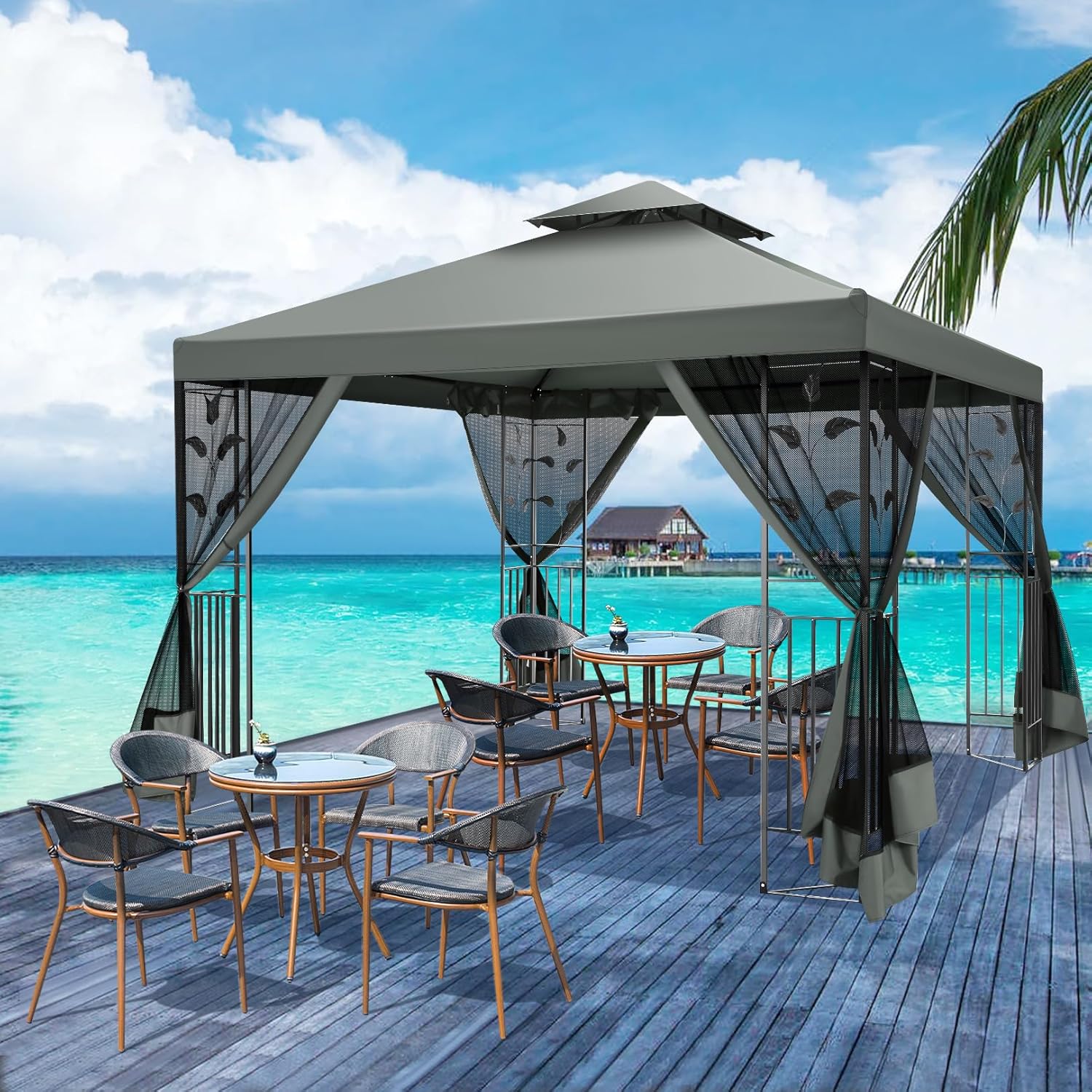 10x10 Gazebo on Clearance, Outdoor Gazebo with Mosquito Netting and Double Roof, Metal Gazebo with Iron Floral Frame, Easy Set Waterproof Patio Gazebo for Gardens, Lawns & Backyard