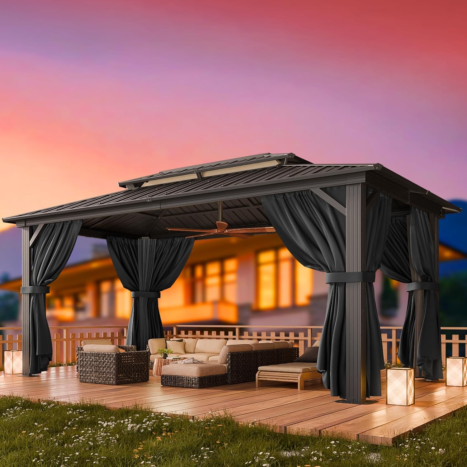 10x15 Hardtop Gazebo with Heavy Duty Galvanized Steel Double Roof, Aluminum Frame, Flame-Resistant Curtains and Netting, Outdoor Permanent Pavillon for Backyard, Black