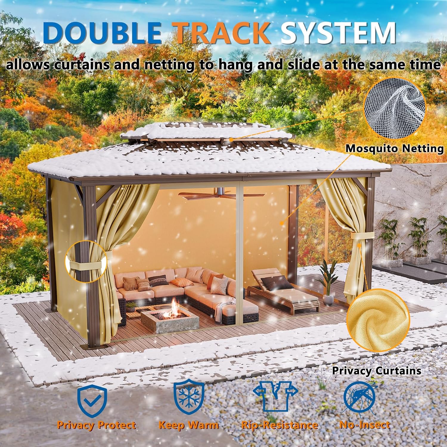 10x15 Hardtop Gazebo with Heavy Duty Galvanized Steel Double Roof, Aluminum Frame, Flame-Resistant Curtains and Netting, Outdoor Permanent Pavillon for Backyard, Brown