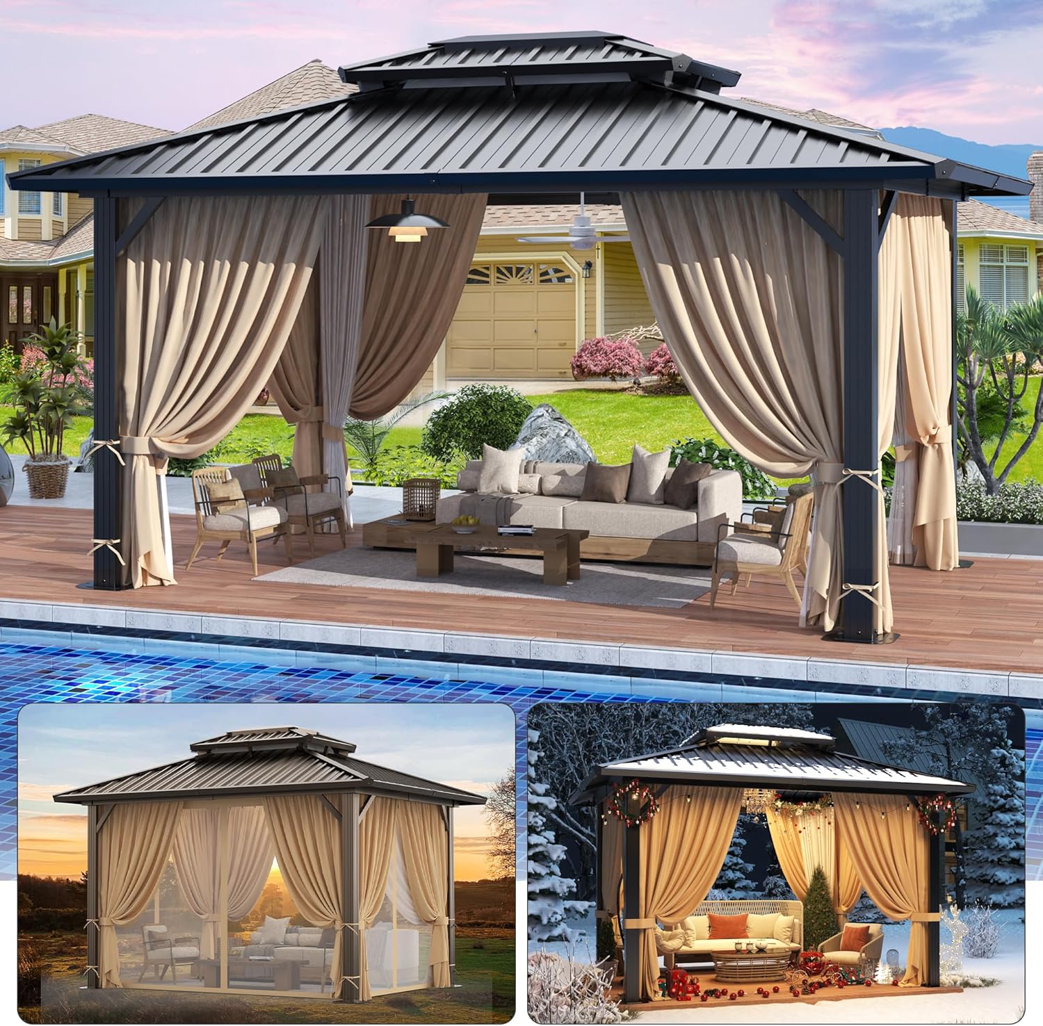 10x12 Hardtop Gazebo Hot Tub Gazebo with Flame-Retardant Curtain Netting, Heavy Duty Pavilion with Galvanized Steel Double Roof, Aluminum Frame Outdoor Canopy for Patio and Party