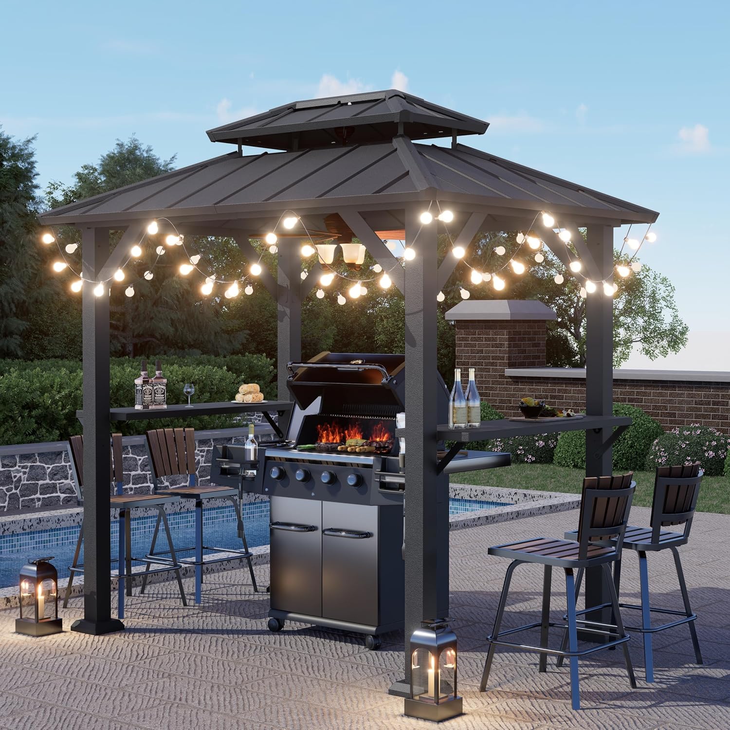 8'x6' Grill Gazebo,Outdoor Hardtop Gazebo with Galvanized Steel Double Roof BBQ Grill Canopy with Aluminum Frame