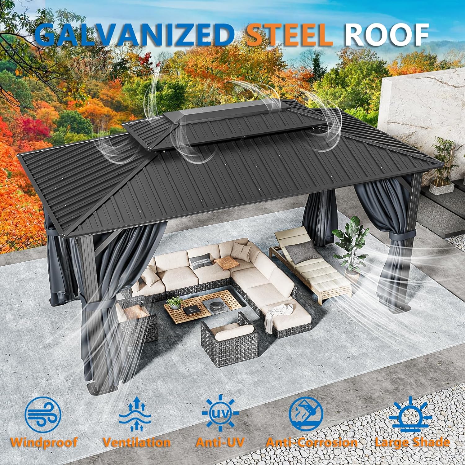 10x15 Hardtop Gazebo with Heavy Duty Galvanized Steel Double Roof, Aluminum Frame, Flame-Resistant Curtains and Netting, Outdoor Permanent Pavillon for Backyard, Black