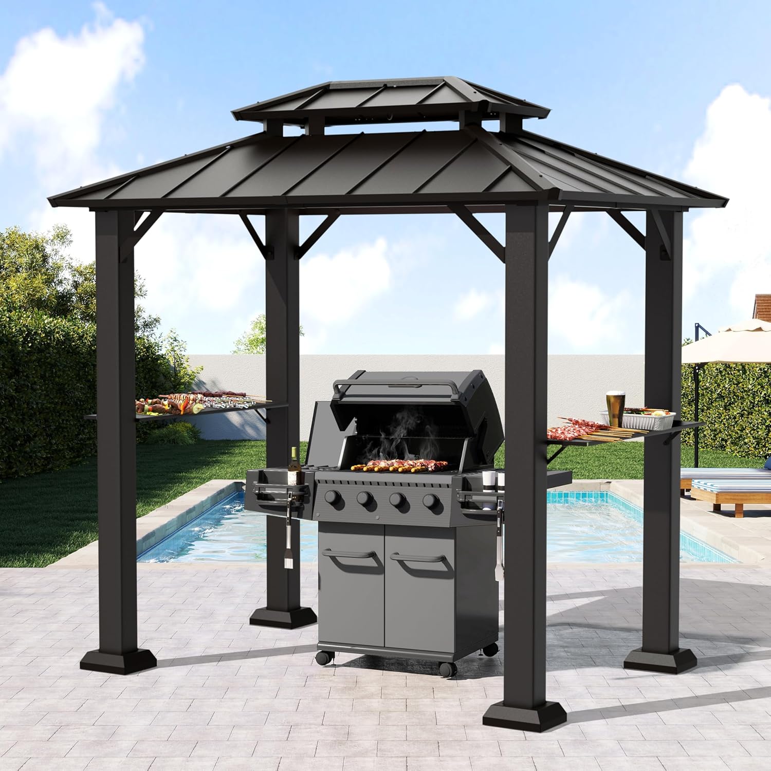 8'x6' Grill Gazebo,Outdoor Hardtop Gazebo with Galvanized Steel Double Roof BBQ Grill Canopy with Aluminum Frame