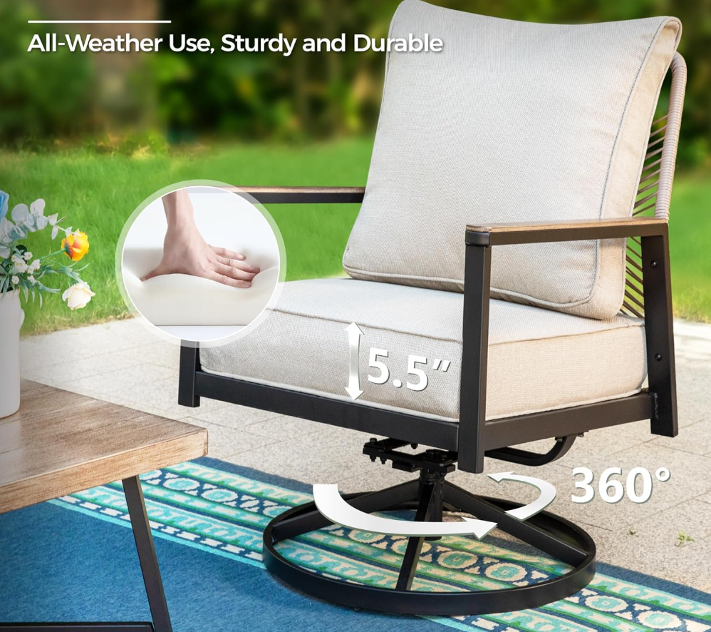 4 Piece Patio Furniture Set with Swivel Chairs, High Back Rope Rattan Outdoor Conversation Set with Extra Thick Cushion and Coffee Table