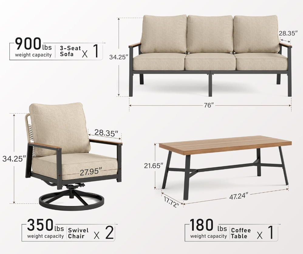 4 Piece Patio Furniture Set with Swivel Chairs, High Back Rope Rattan Outdoor Conversation Set with Extra Thick Cushion and Coffee Table