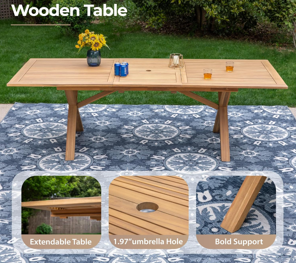 Acacia Wood 7 Piece Patio Dining Sets for 6, Outdoor Dining Set with Expandable Teak Dining Table(1.97" Umbrella Hole) & Wooden Chairs, Outdoor Table and Chairs for Backyard,Deck